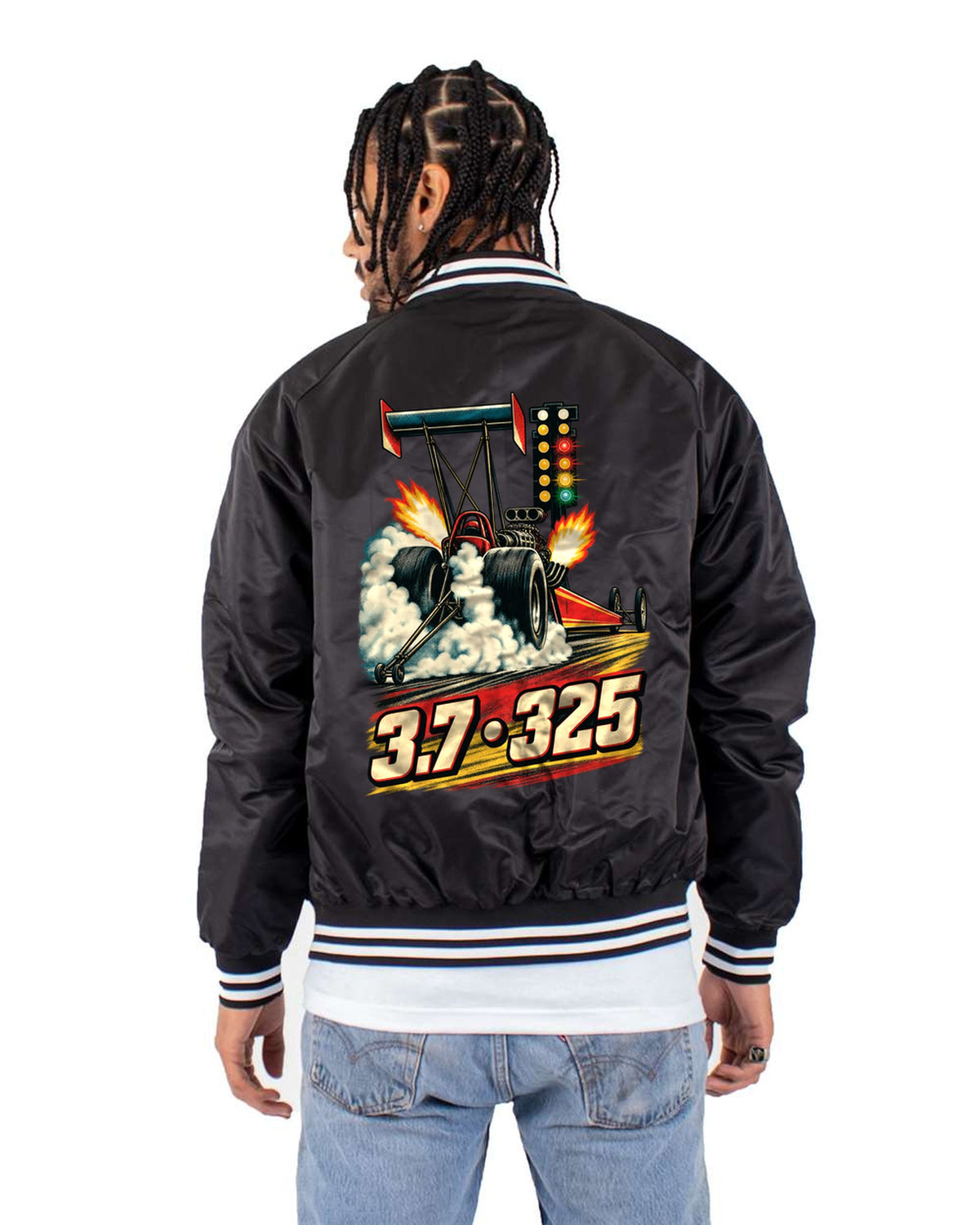 Top Fuel Dragster Christmas Tree Burnout Shirt, Drag Racing Bomber Jacket Black back