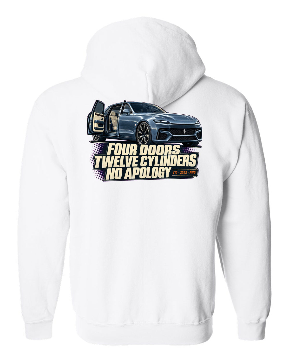 Editorial headline print of the Ferrari Purosangue on a tee white zip hoodie back view with the design