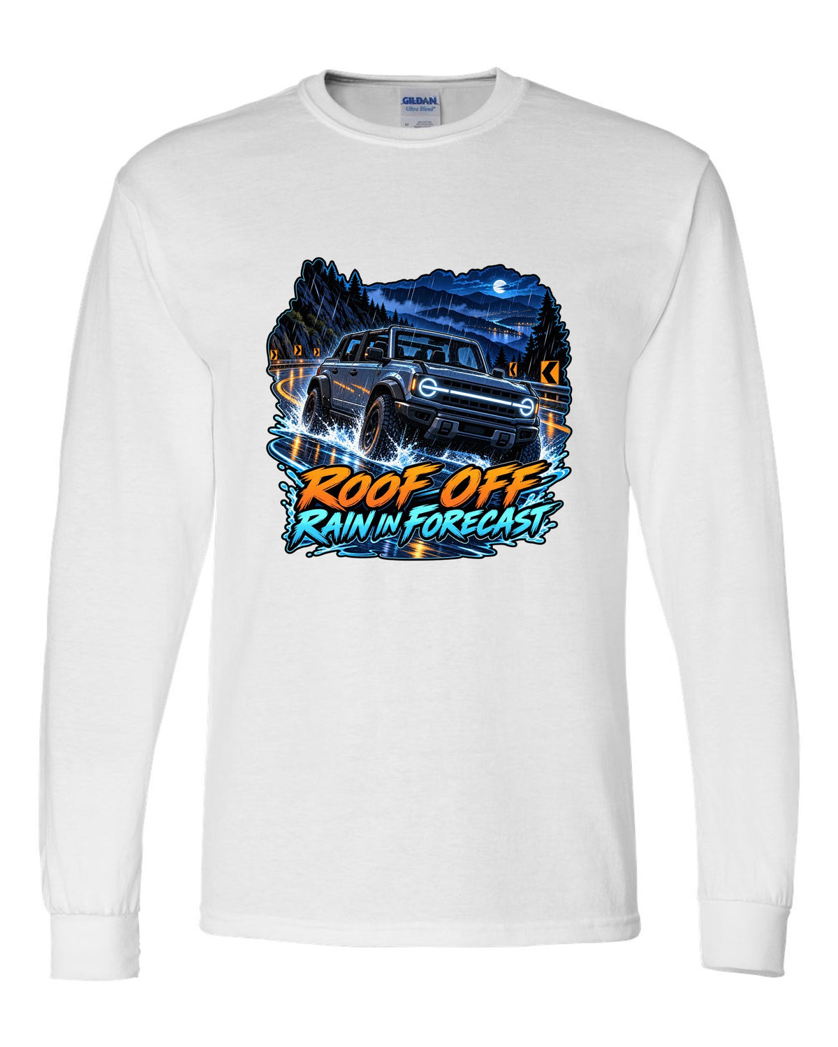 Cel-shaded anime night garage print of a 2021 Ford Bronco 4-door 6G with roof off white long sleeve front view with the design