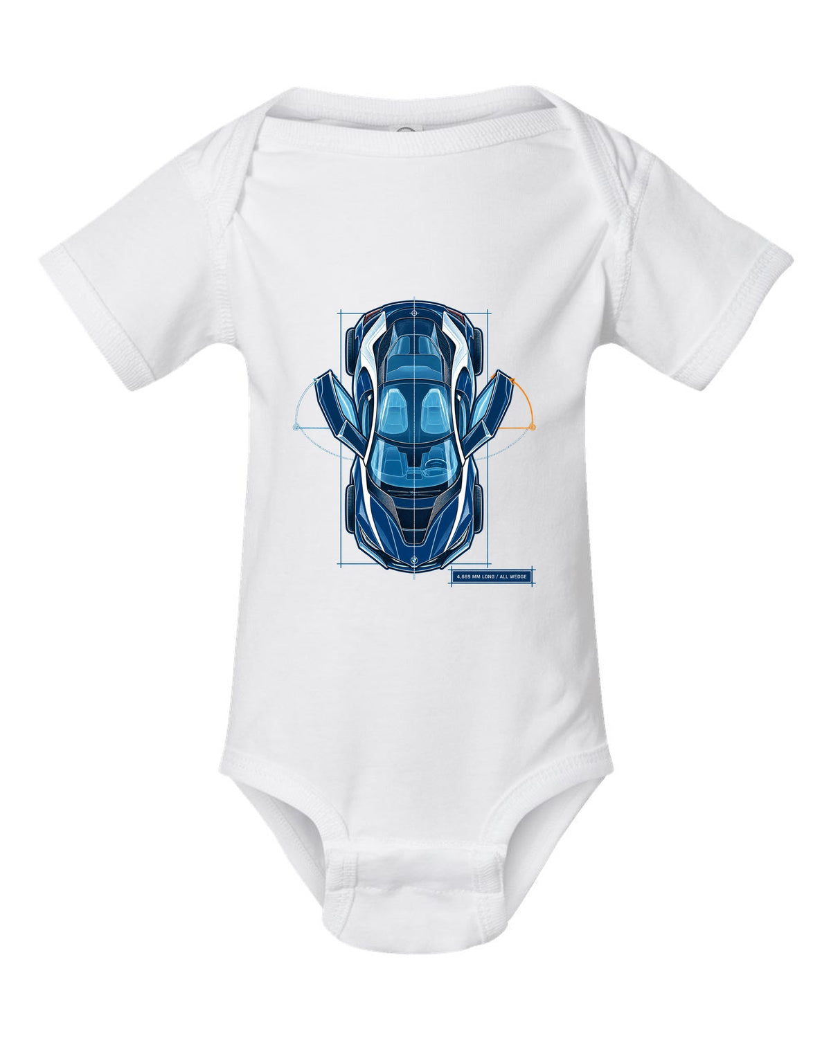 BMW i8 I12 cyanotype blueprint plan view print with 4,689 mm long text white baby onesie front view with the design