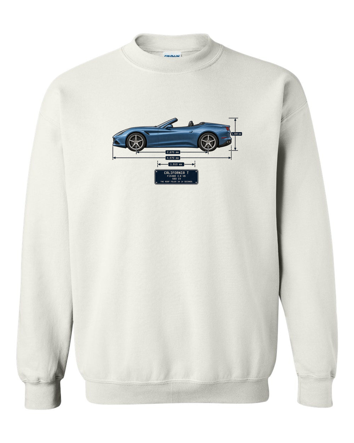 Dimension blueprint print of the Ferrari California T with roof folded white crewneck front view with the design