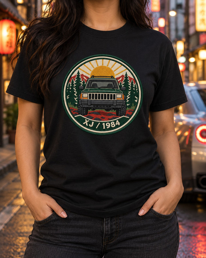 Jeep Cherokee XJ 1984 Boxy Trail Embroidered Crest Tee T-Shirt Black worn hero