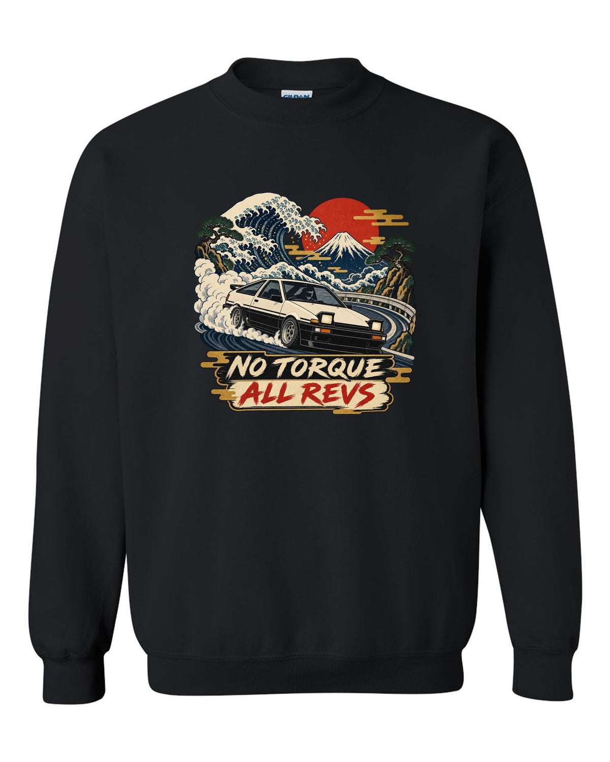 Woodblock ukiyo-e print of a 1985 Toyota Sprinter Trueno AE86 with No Torque All Revs lettering black crewneck front view with the design