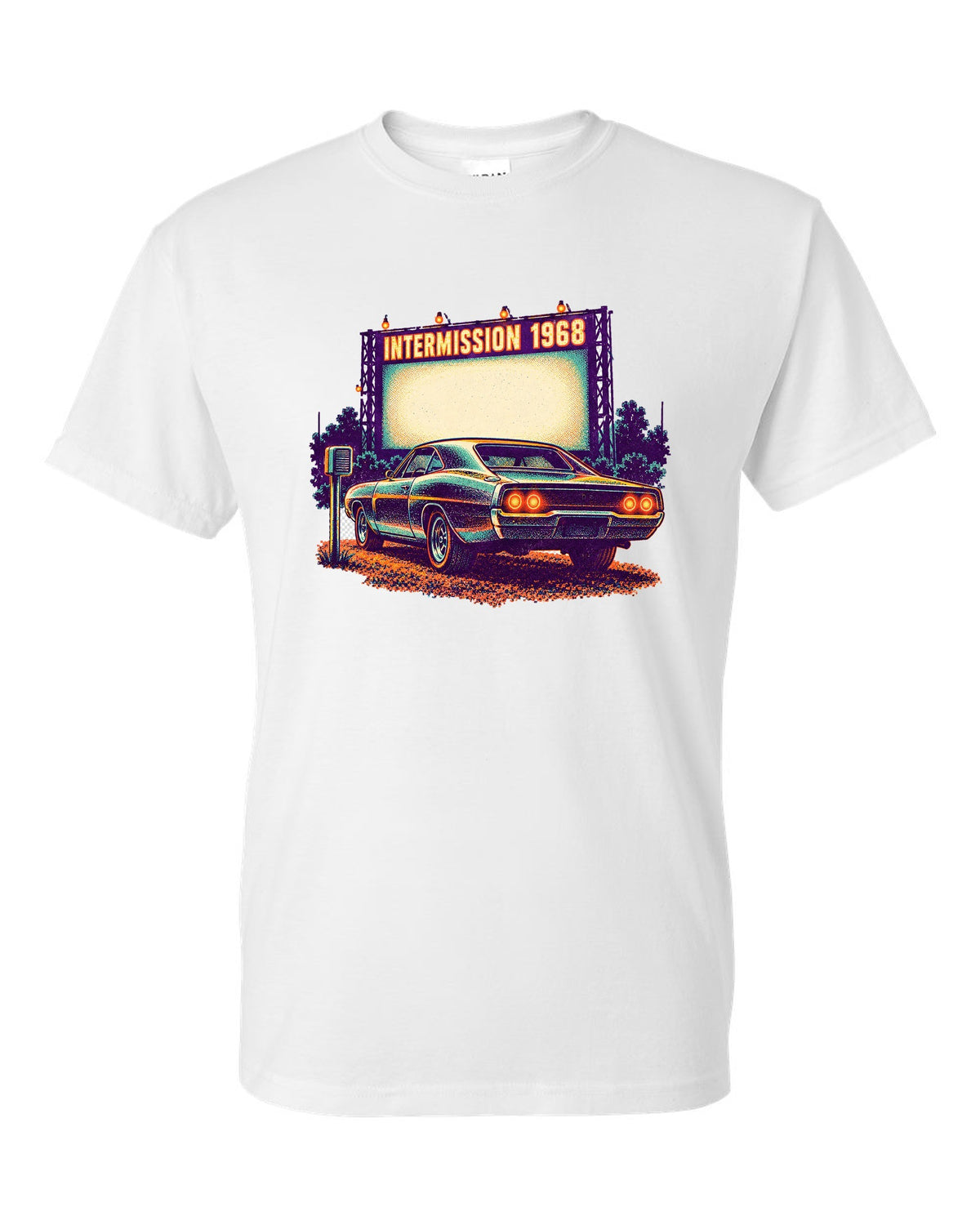 Risograph spot colour drive-in scene with a 1968 Dodge Charger R/T and INTERMISSION text white t-shirt front view with the design