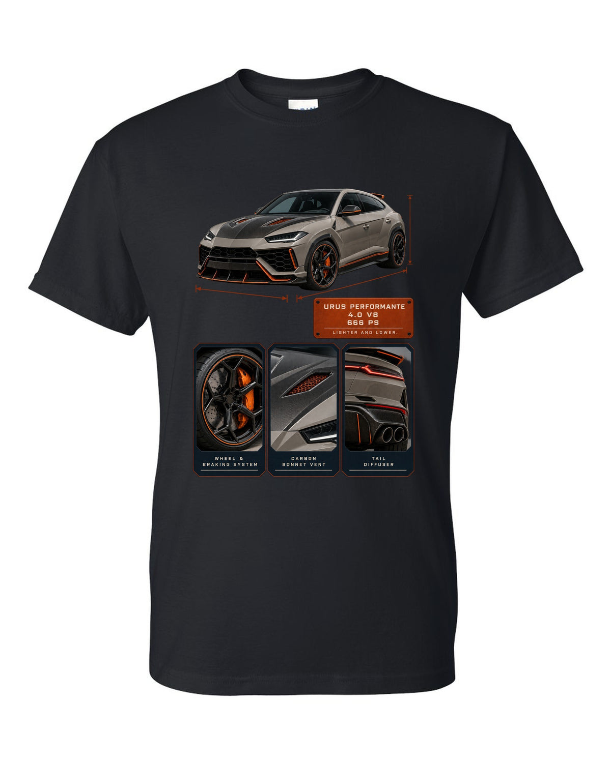 Dossier panel print of the Lamborghini Urus Performante black t-shirt front view with the design