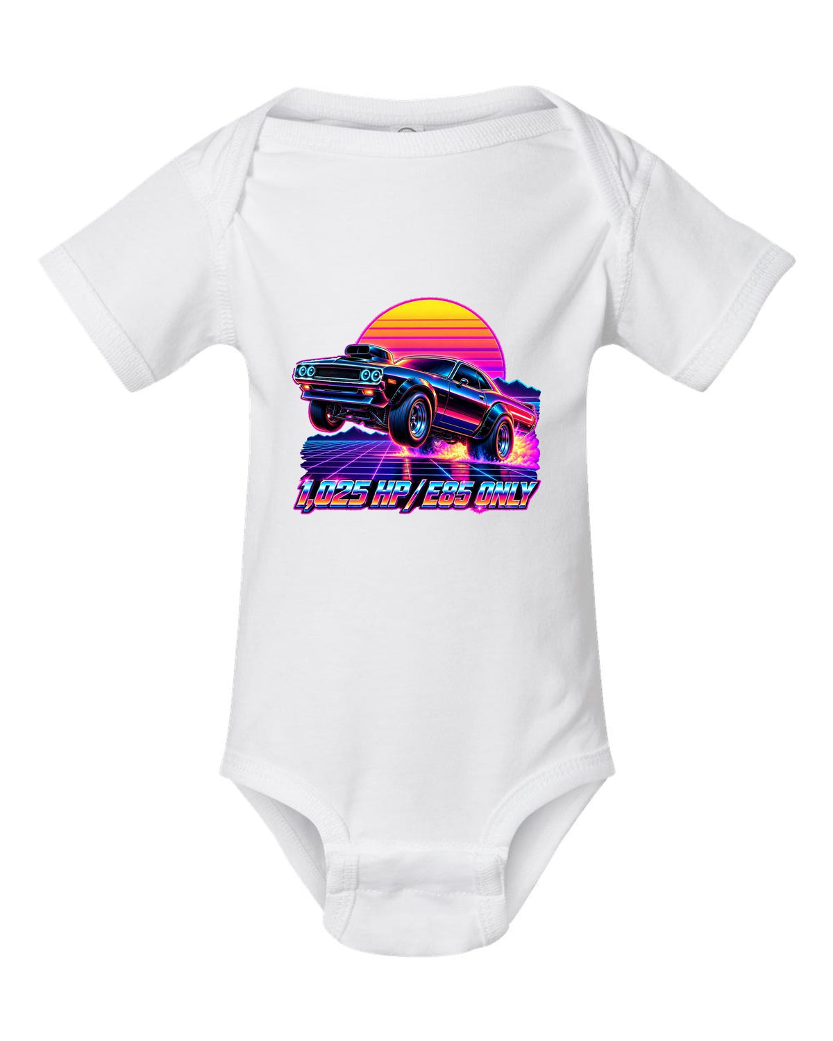 2023 Dodge Challenger Demon 170 synthwave neon outrun print with 1,025 HP E85 Only text white baby onesie front view with the design