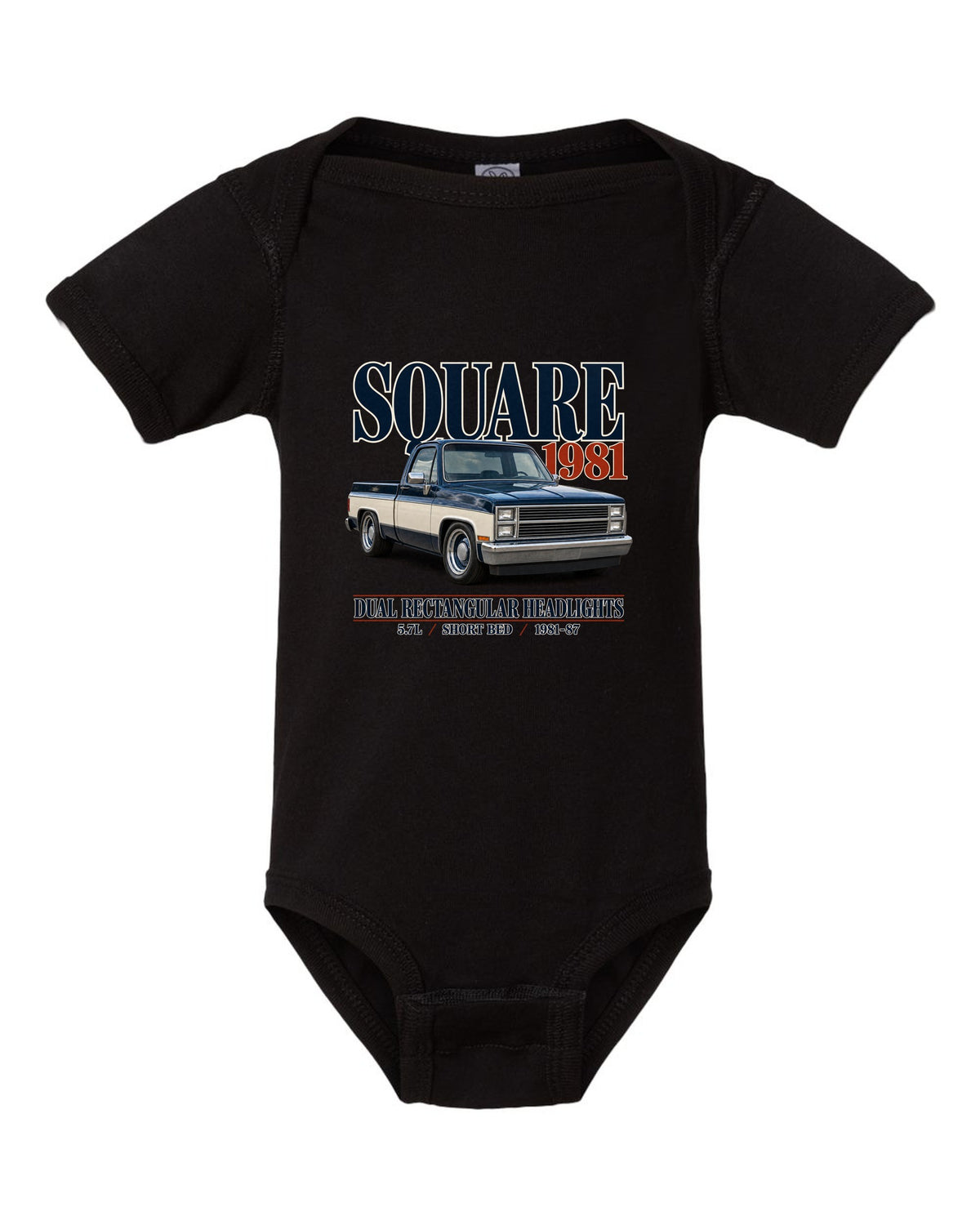Editorial print of a 1981-87 Chevrolet C10 Squarebody in Silverado trim black baby onesie front view with the design