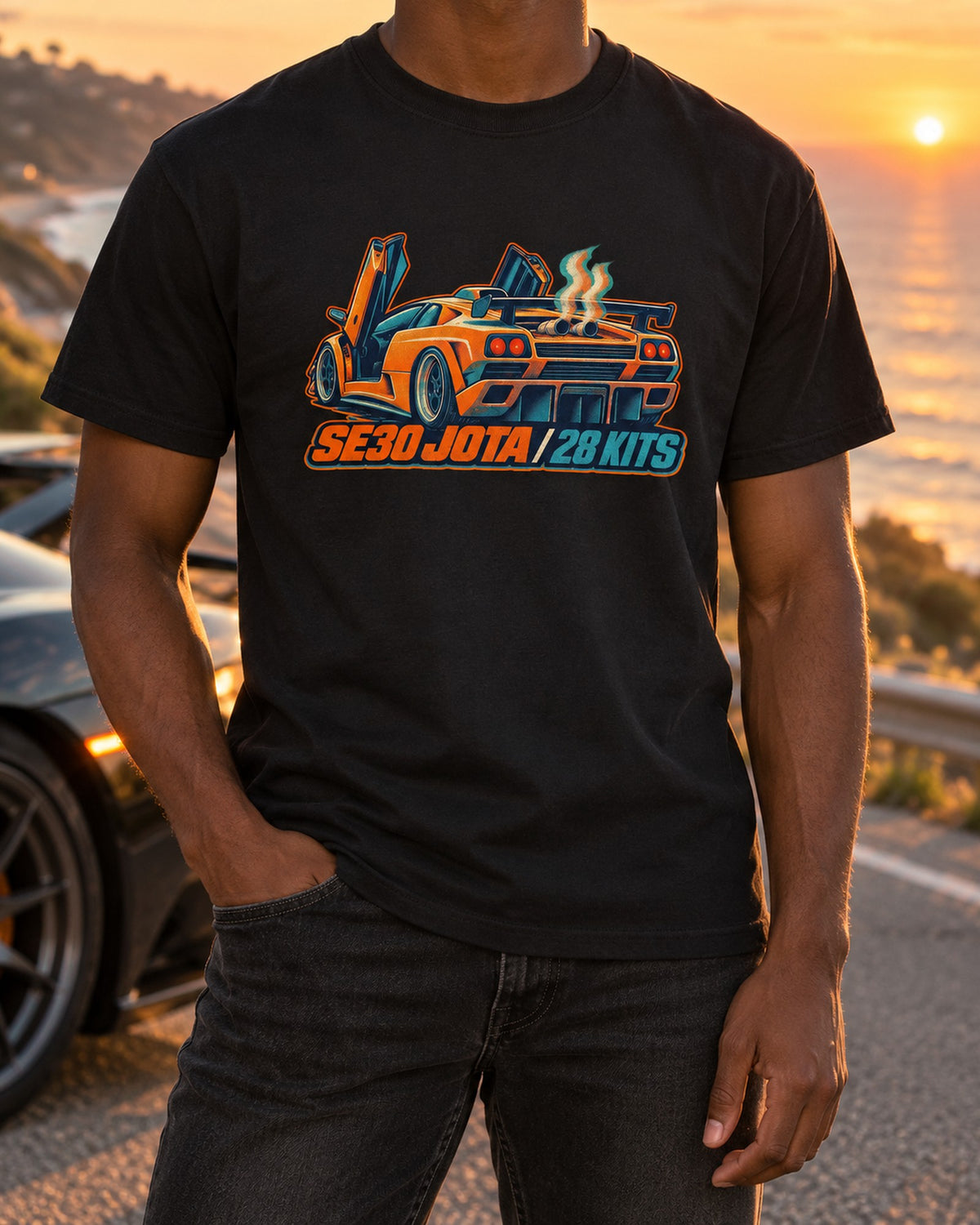Diablo SE30 Jota Roof Pipe Risograph Shirt, Lamborghini T-Shirt Black worn hero