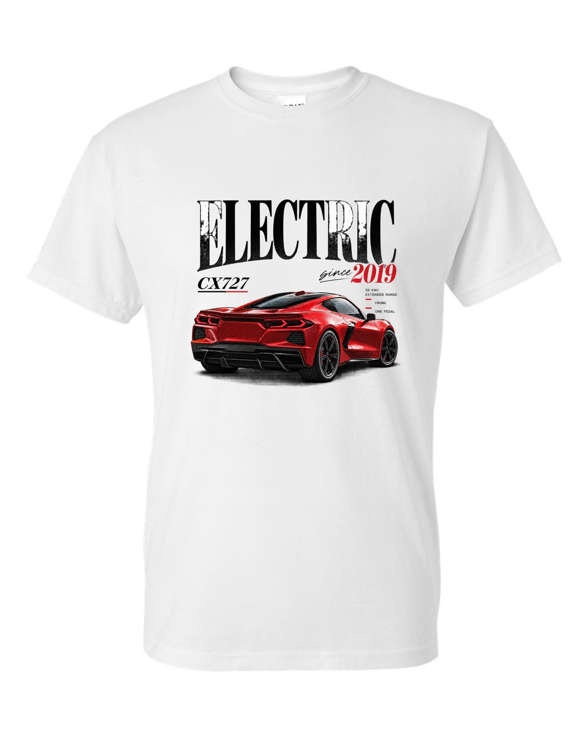 Ford Mustang Mach-E CX727 editorial headline print reading Electric Since 2019 white t-shirt front view with the design