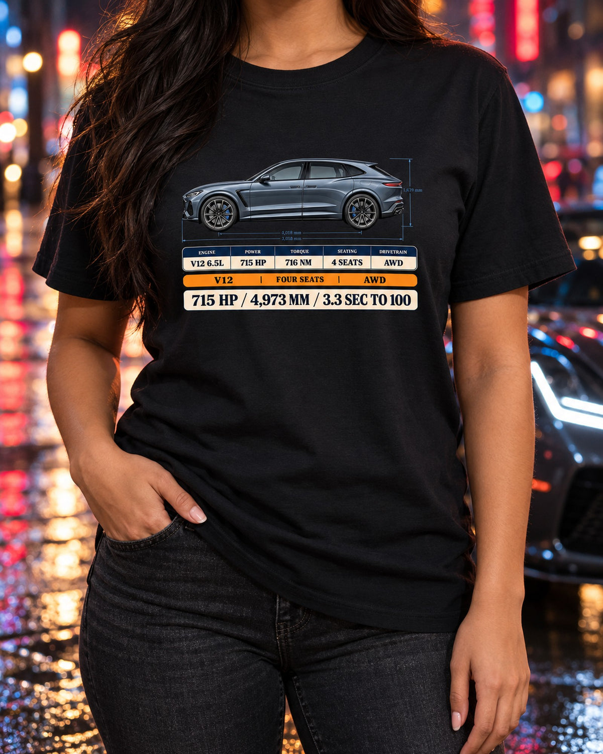 Ferrari Purosangue Spec Poster print Tee, 715 HP T-Shirt Black worn hero