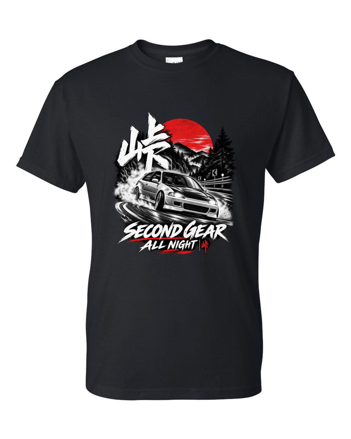 Touge night print of a 1992 Honda Civic EG6 SiR chback with second gear text black t-shirt front view with the design