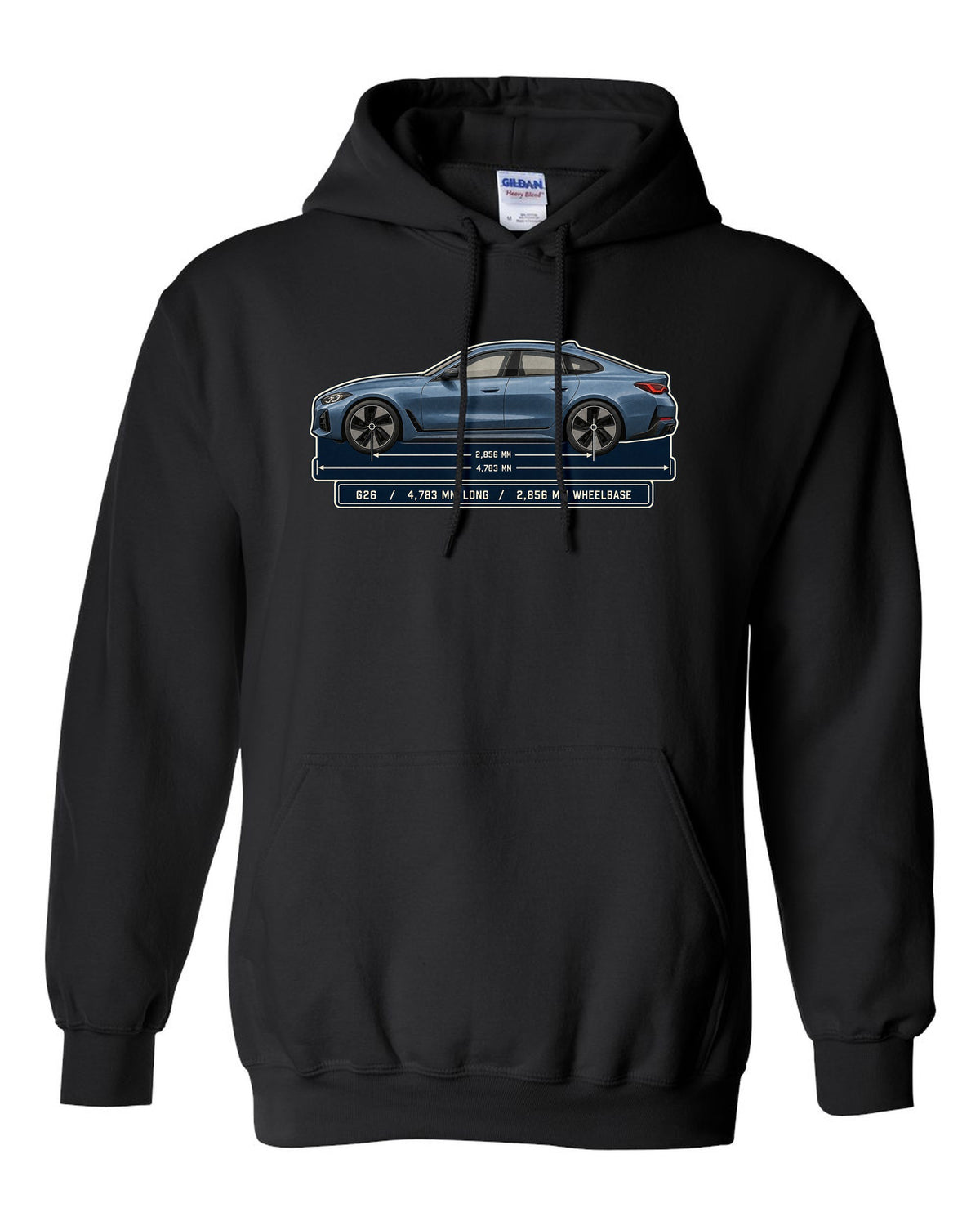 Dimension blueprint print of the BMW i4 M50 G26 Gran Coupe black pull over hoodie front view with the design