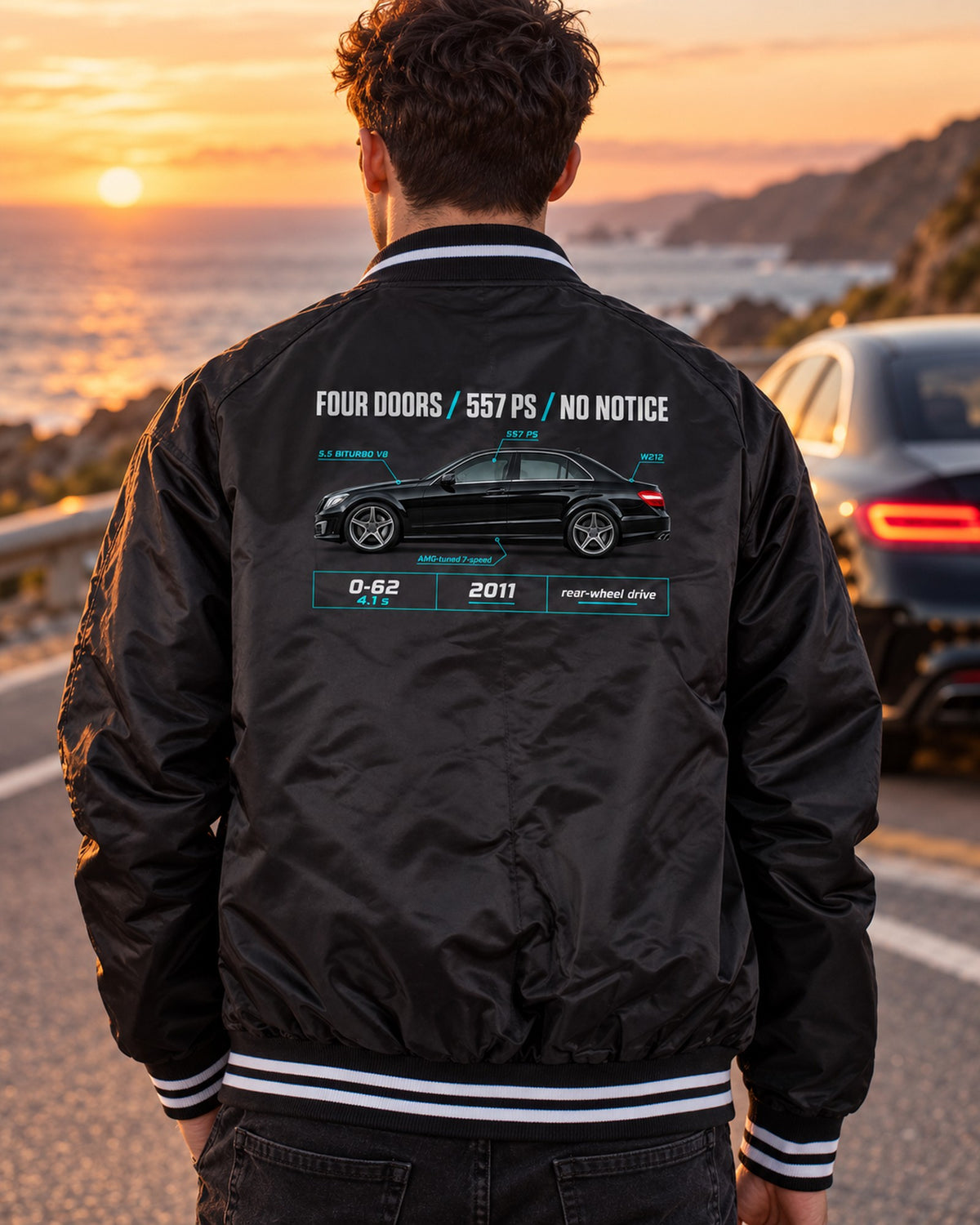 Mercedes E63 AMG W212 Four Doors No Notice Spec Poster Shirt Bomber Jacket Black worn hero