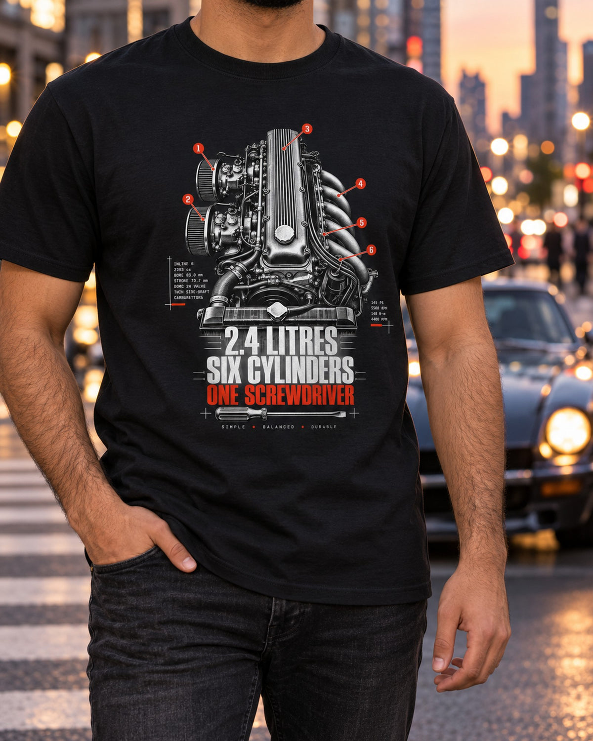 Datsun 240Z L24 Engine Bay Shirt, Six Cylinders One Screwdriver T-Shirt Black worn hero