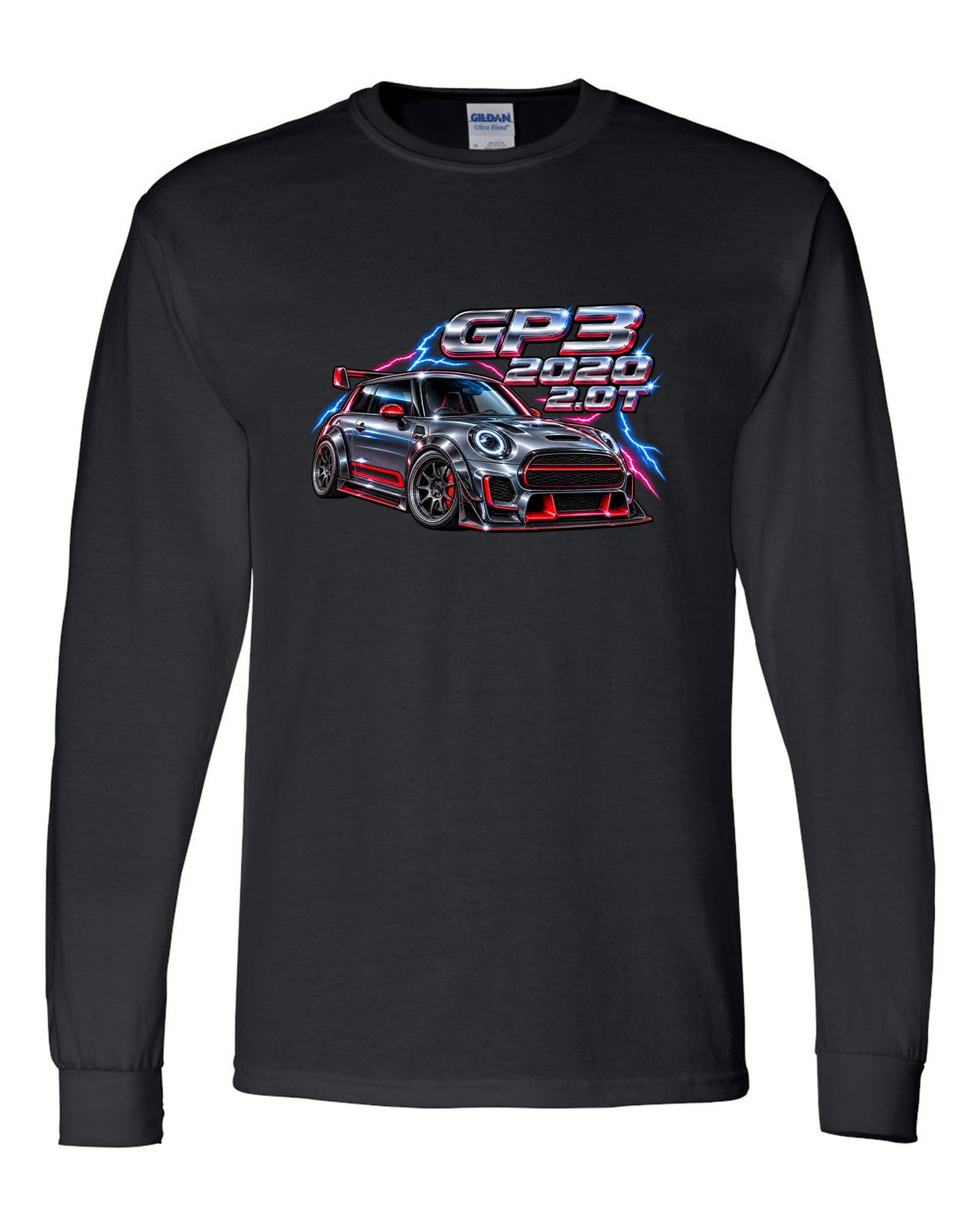 80s airbrush chrome artwork of the Mini JCW GP F56 GP3 black long sleeve front view with the design