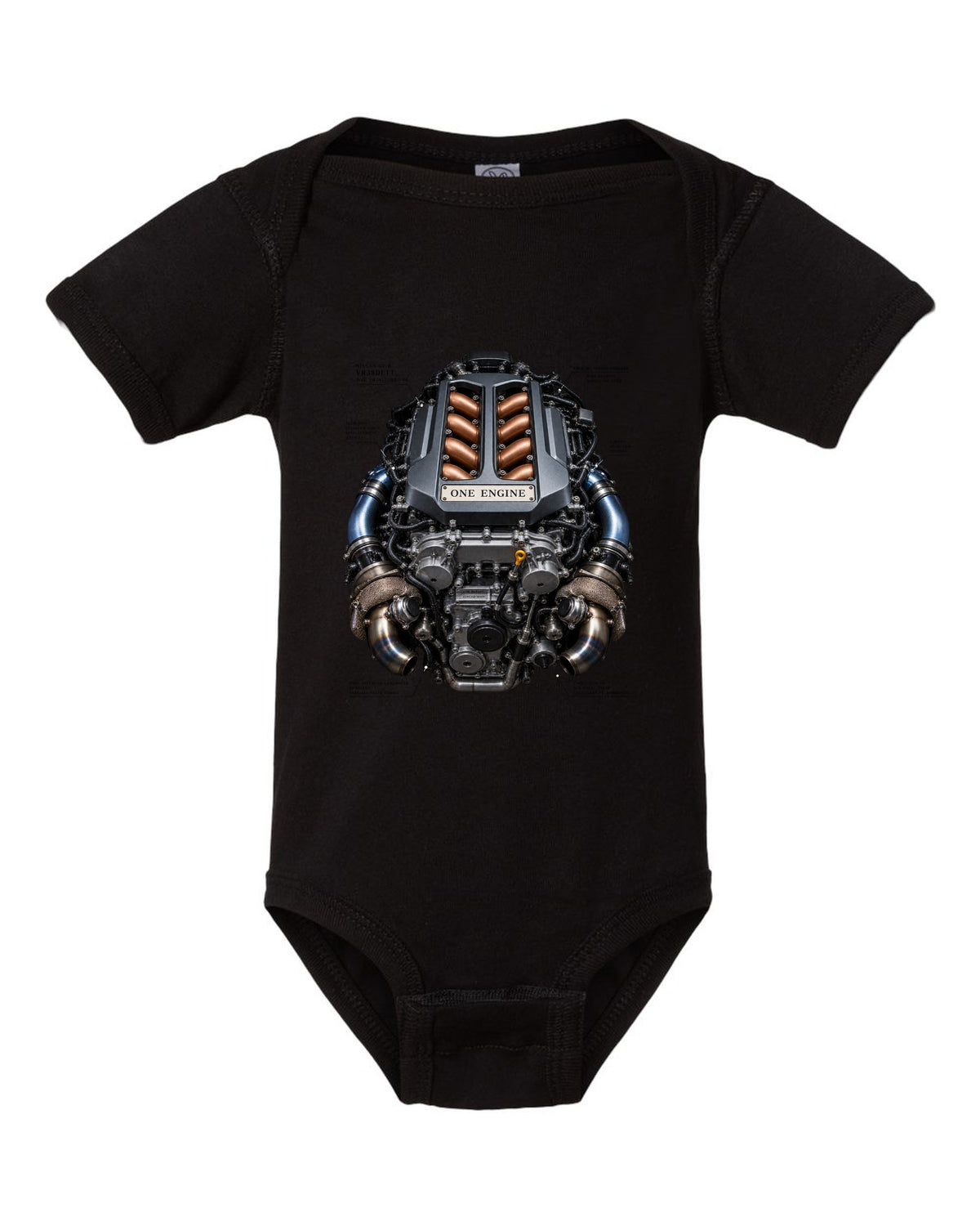 Nissan GT-R VR38DETT twin-turbo V6 engine bay illustration, print design black baby onesie front view with the design