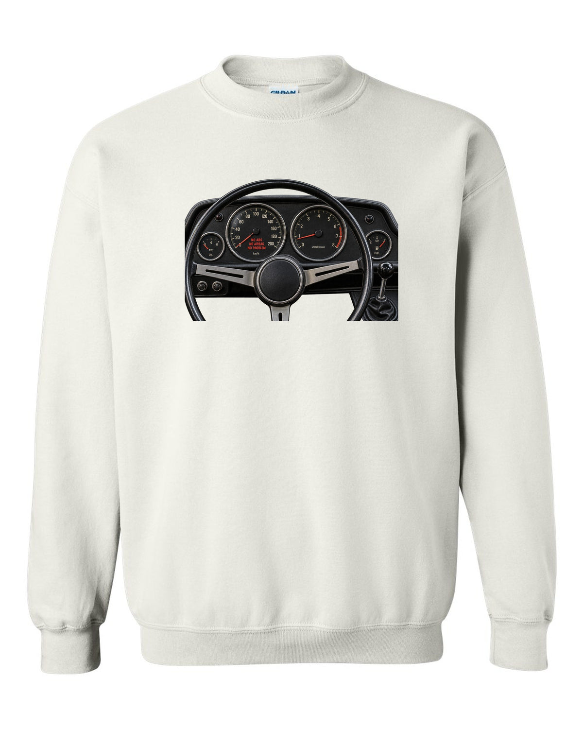 BMW 2002 cockpit gauge print with no ABS no airbag no problem text white crewneck front view with the design