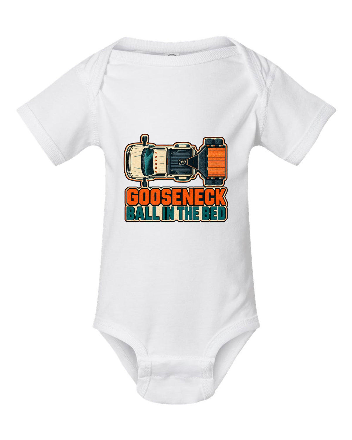 Top-down risograph print of a 2019-2024 Ram HD 3500 long bed with gooseneck ball in the bed text white baby onesie front view with the design