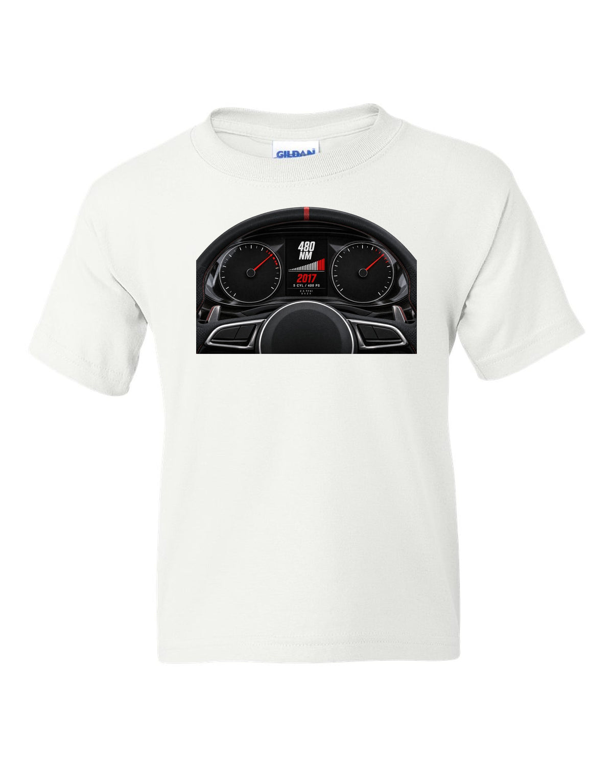Audi RS3 8V instrument cluster gauge design with 5 cyl 400 PS text white kids tee front view with the design