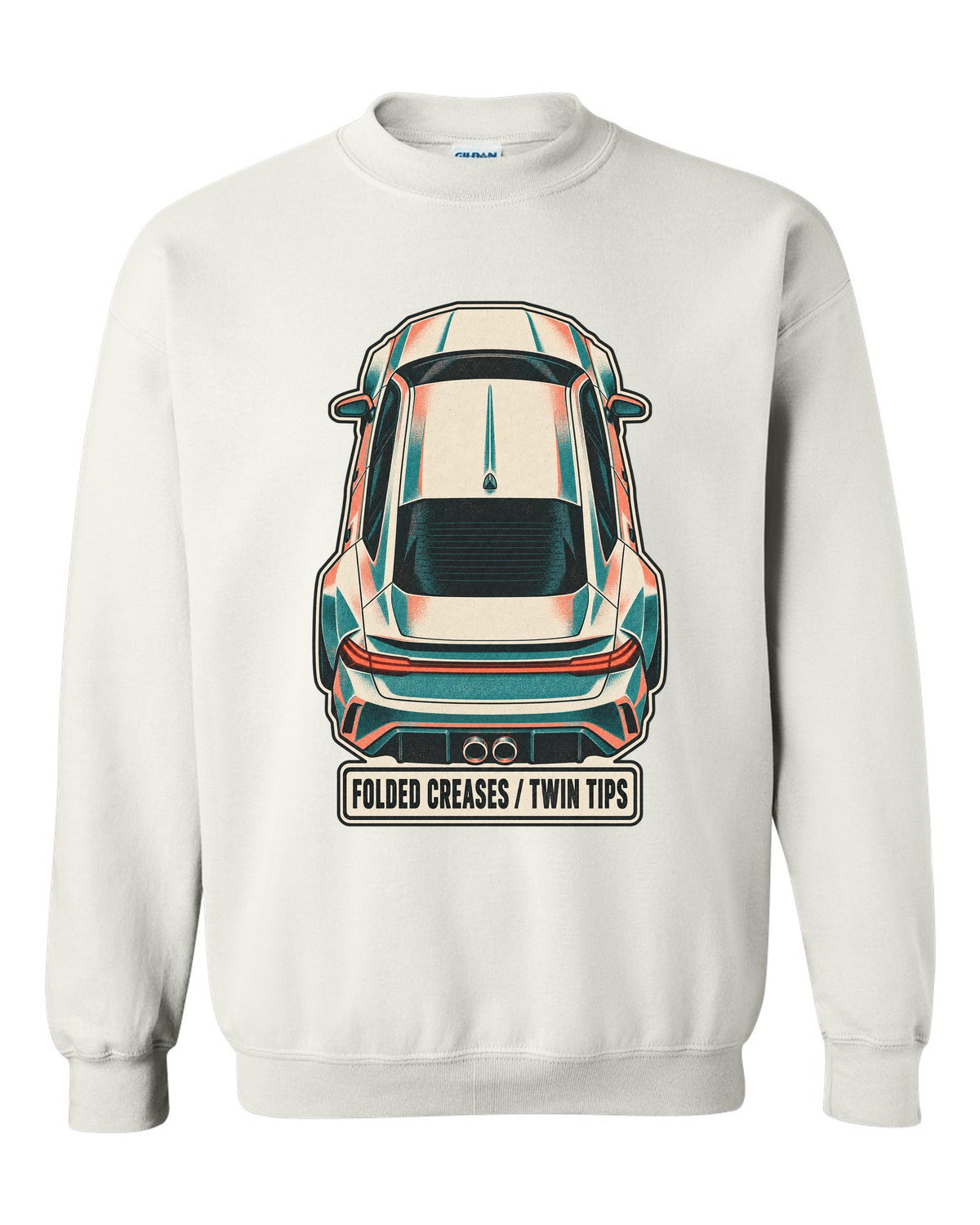Risograph duotone top-down print of a Hyundai Elantra N CN7 with folded creases and twin tips text white crewneck front view with the design