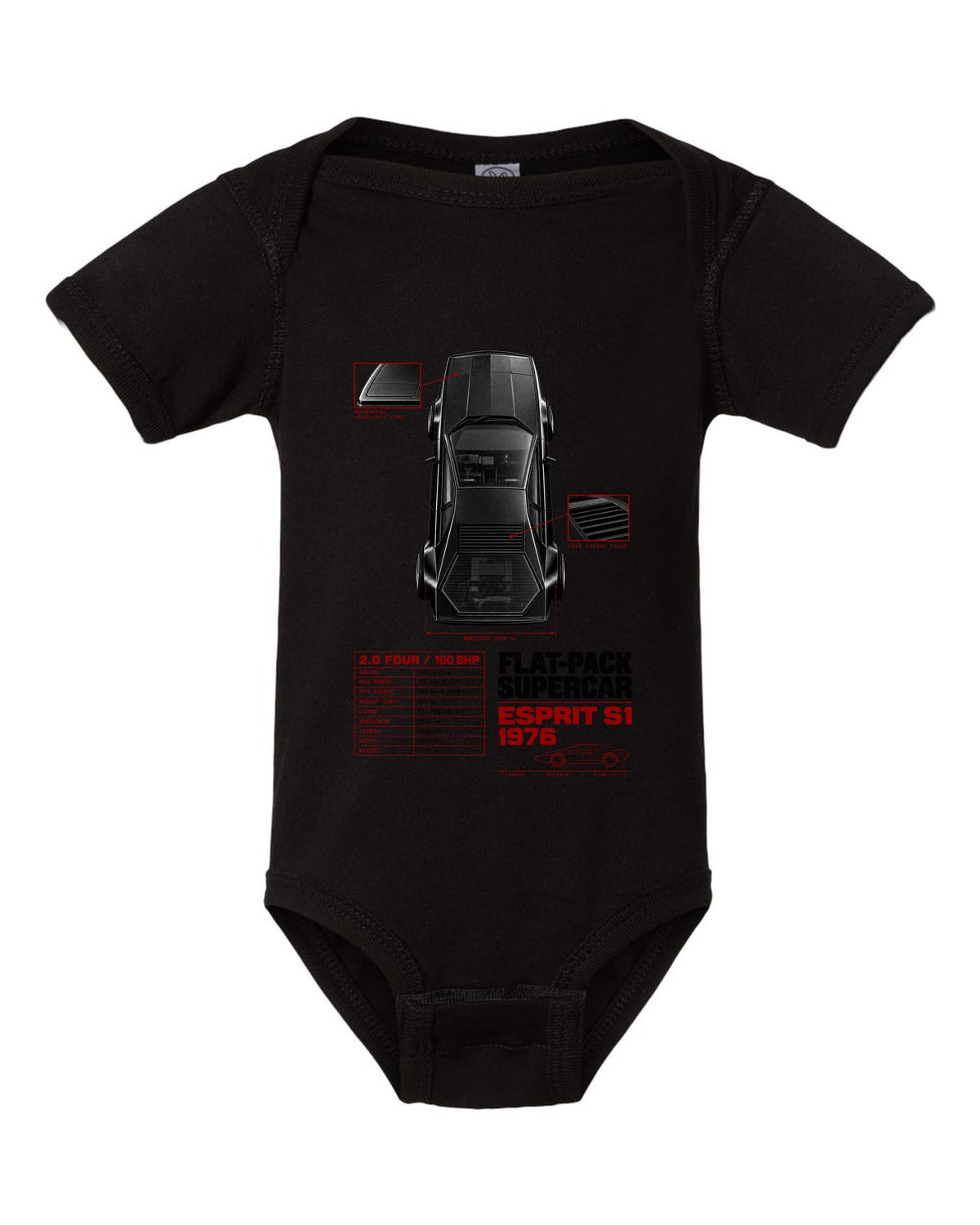 Lotus Esprit S1 top-down spec poster with 2.0 four and 160 bhp black baby onesie front view with the design