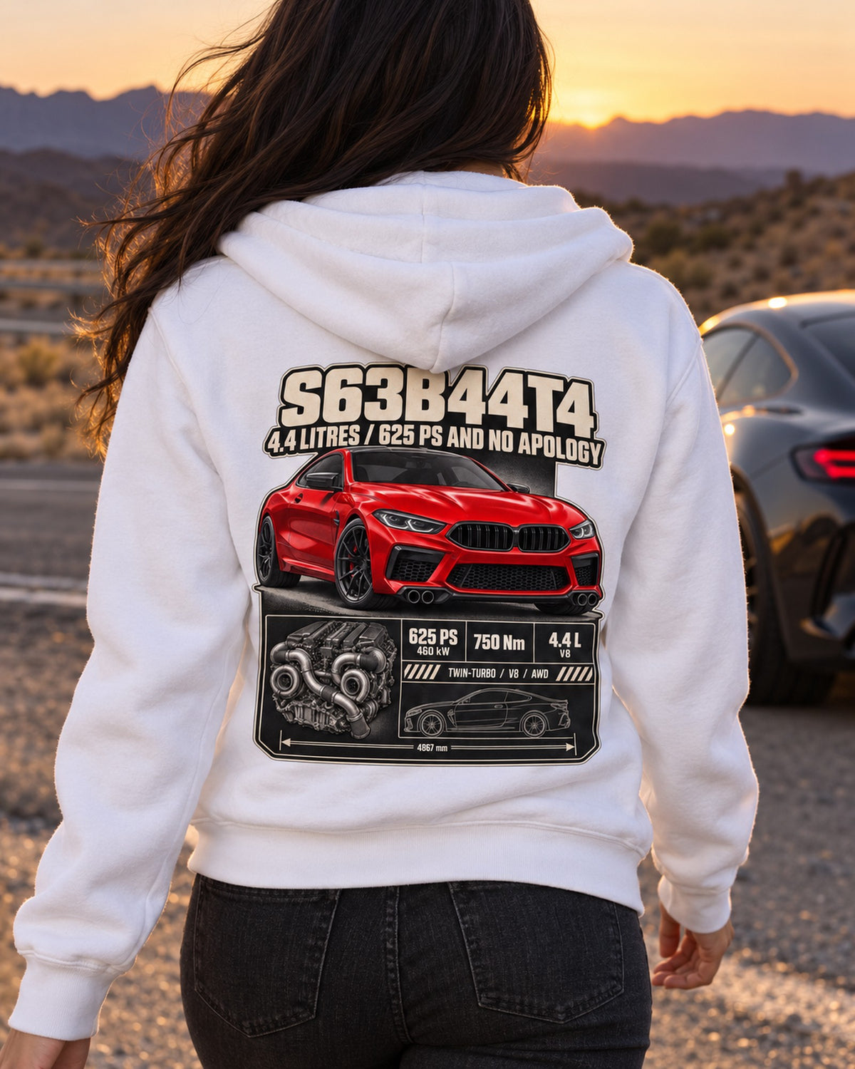 BMW M8 Competition F92 S63 Spec Poster Shirt Zip Hoodie White worn hero