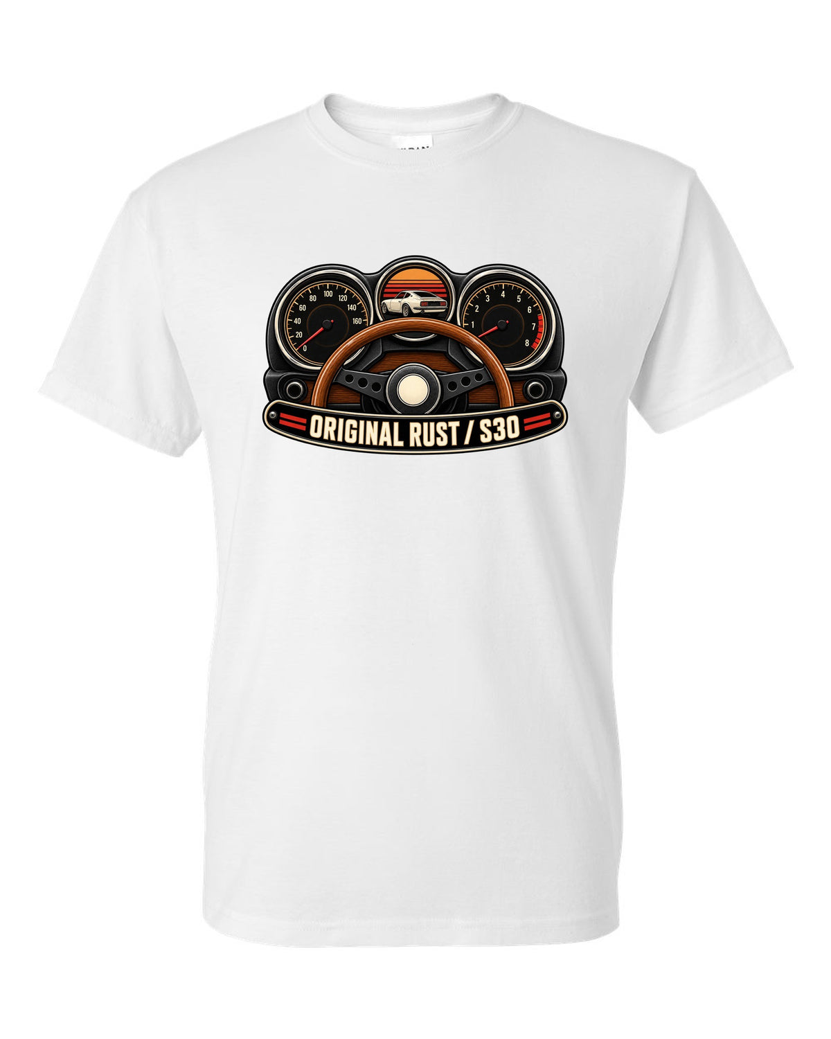 Analog gauge cluster print for the Datsun 240Z S30 reading Original Rust white t-shirt front view with the design