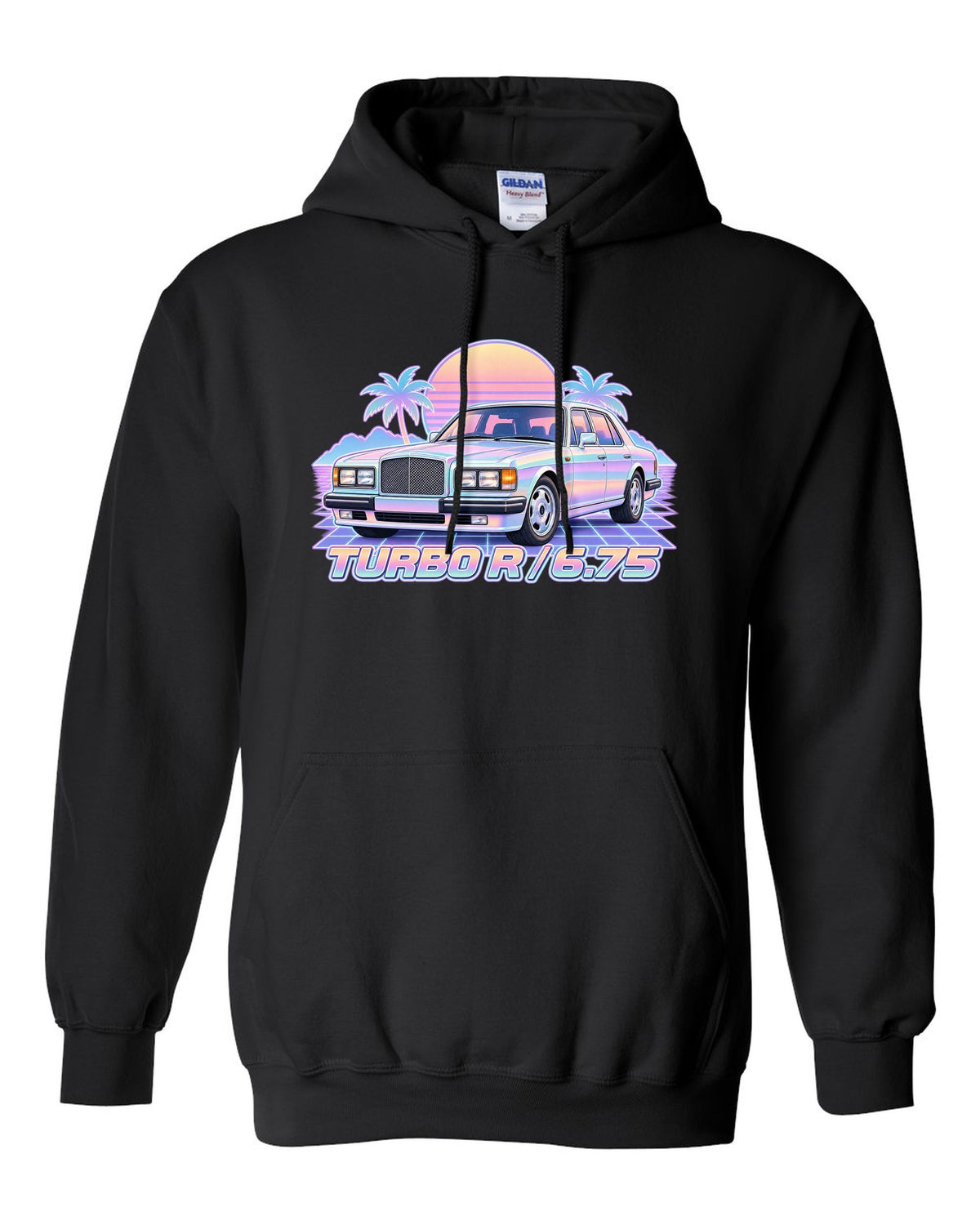 Pastel vaporwave illustration of a Bentley Turbo R front grille with TURBO R 6.75 lettering black pull over hoodie front view with the design