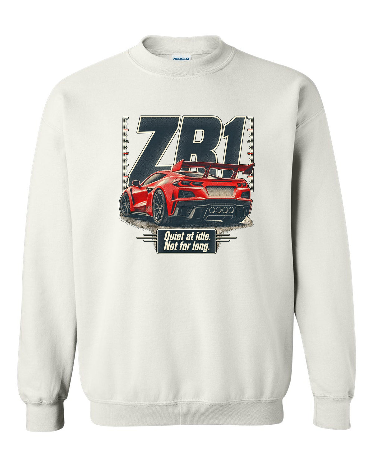 Halftone print of a Chevrolet Corvette C8 ZR1 with a quiet at idle statement white crewneck front view with the design