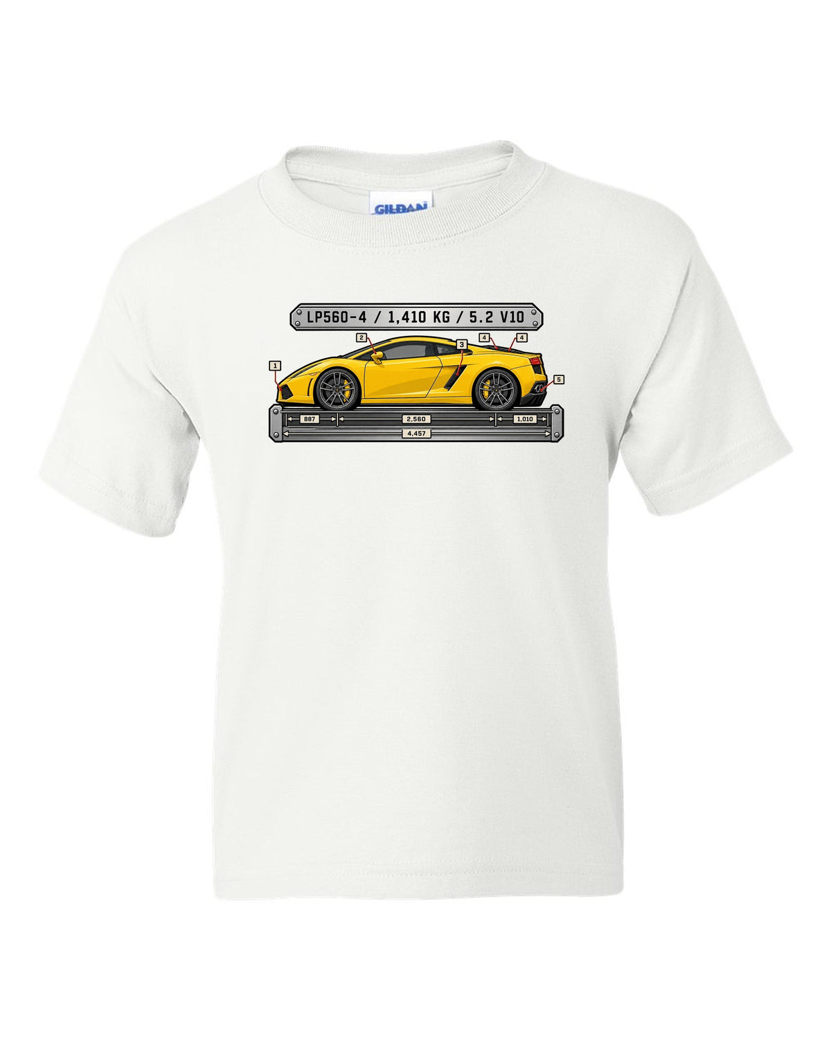 Spec-sheet data plate design for a Lamborghini Gallardo LP560-4 with weight and engine text white kids tee front view with the design