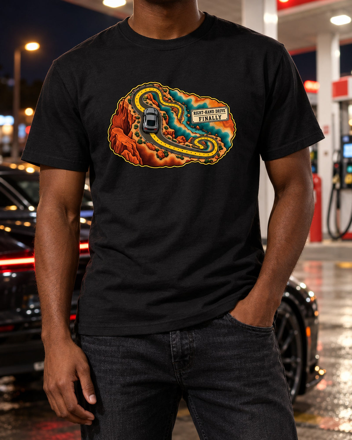 S550 Mustang Fastback Topographic Canyon Route Map Shirt T-Shirt Black worn hero