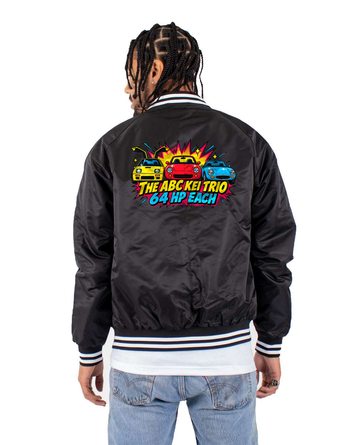 Autozam AZ-1, Honda Beat and Cappuccino Kei Trio Pop Art Shirt Bomber Jacket Black back