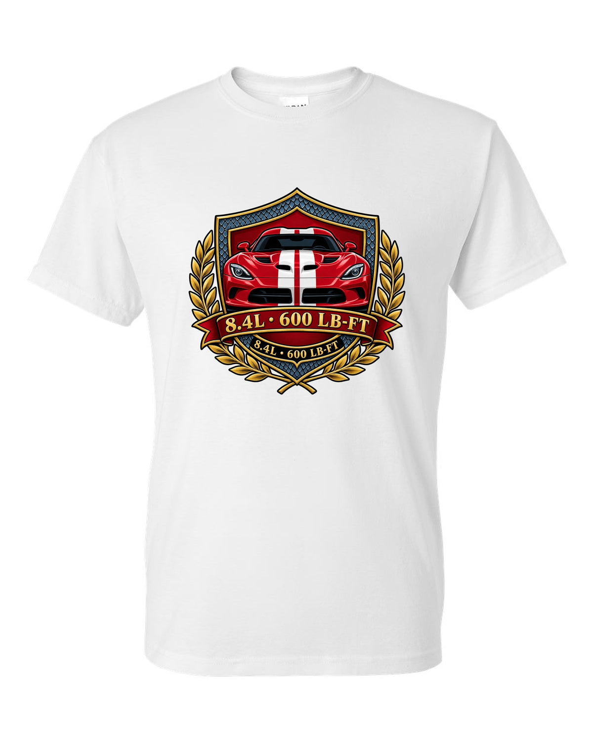 Original shield crest design for the 2013 Dodge Viper VX I with 8.4L and 600 LB-FT lettering white t-shirt front view with the design