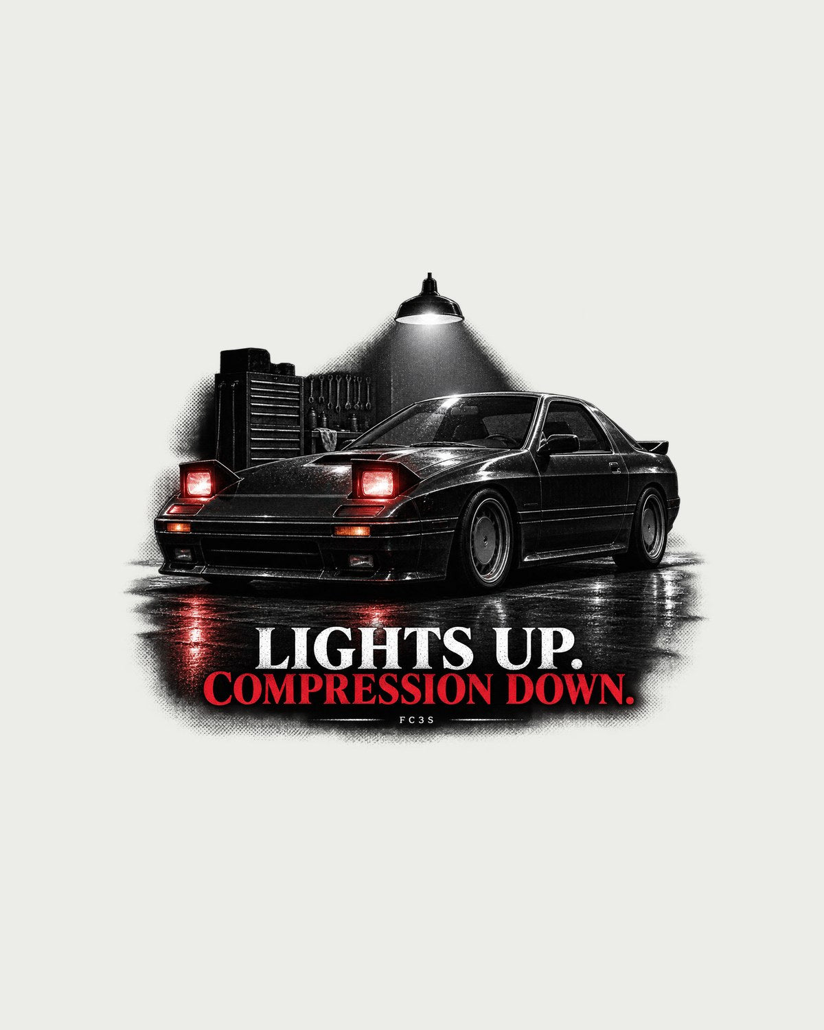 RX-7 FC3S Turbo II Garage Night Tee, Lights Up Compression Down design only