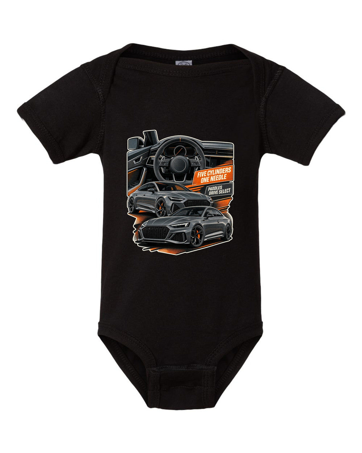 Interior and gauge cluster print of an Audi RS3 8Y black baby onesie front view with the design