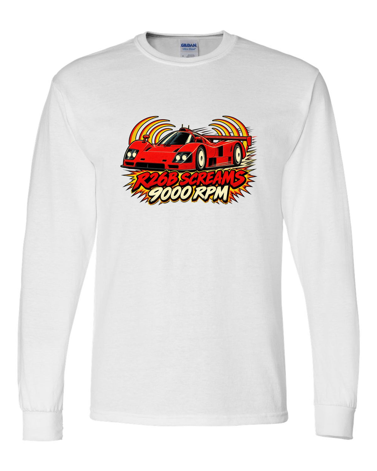 Embroidery-style varsity crest for the Mazda 787B with 787B / 2.6 L / 4 ROTOR lettering white long sleeve front view with the design