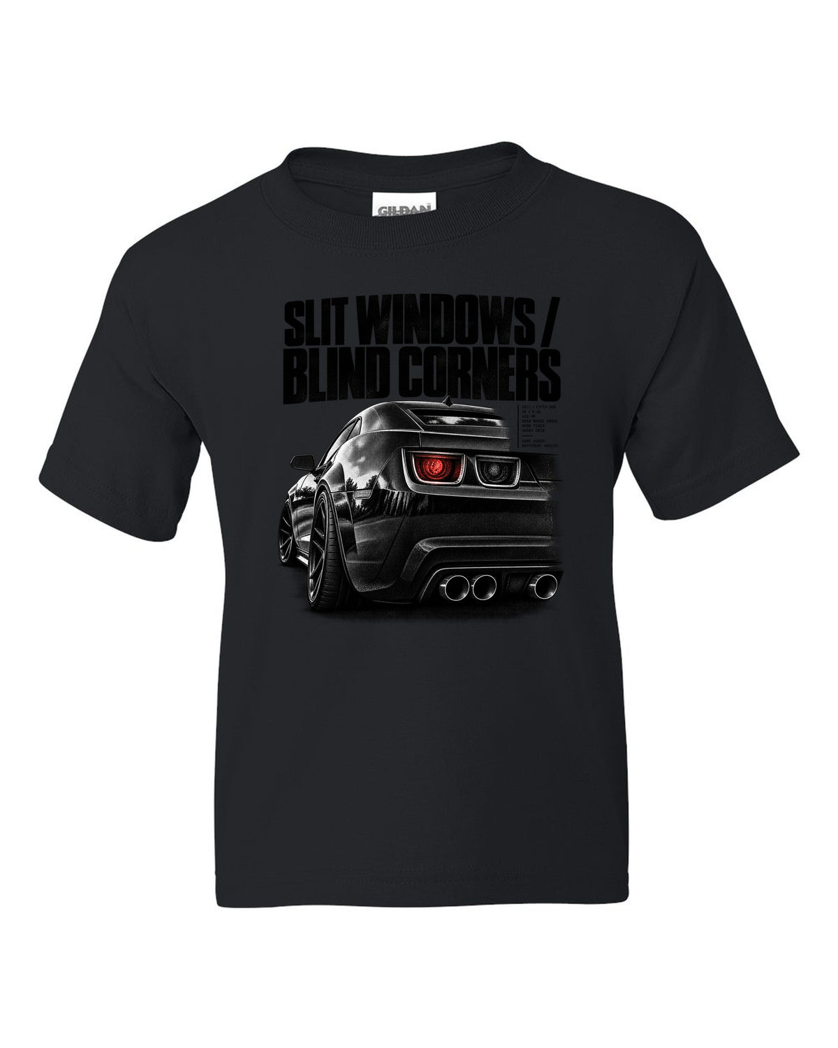 Rear three-quarter taillight print of a 2011 Chevrolet Camaro SS with slit windows text black kids tee front view with the design