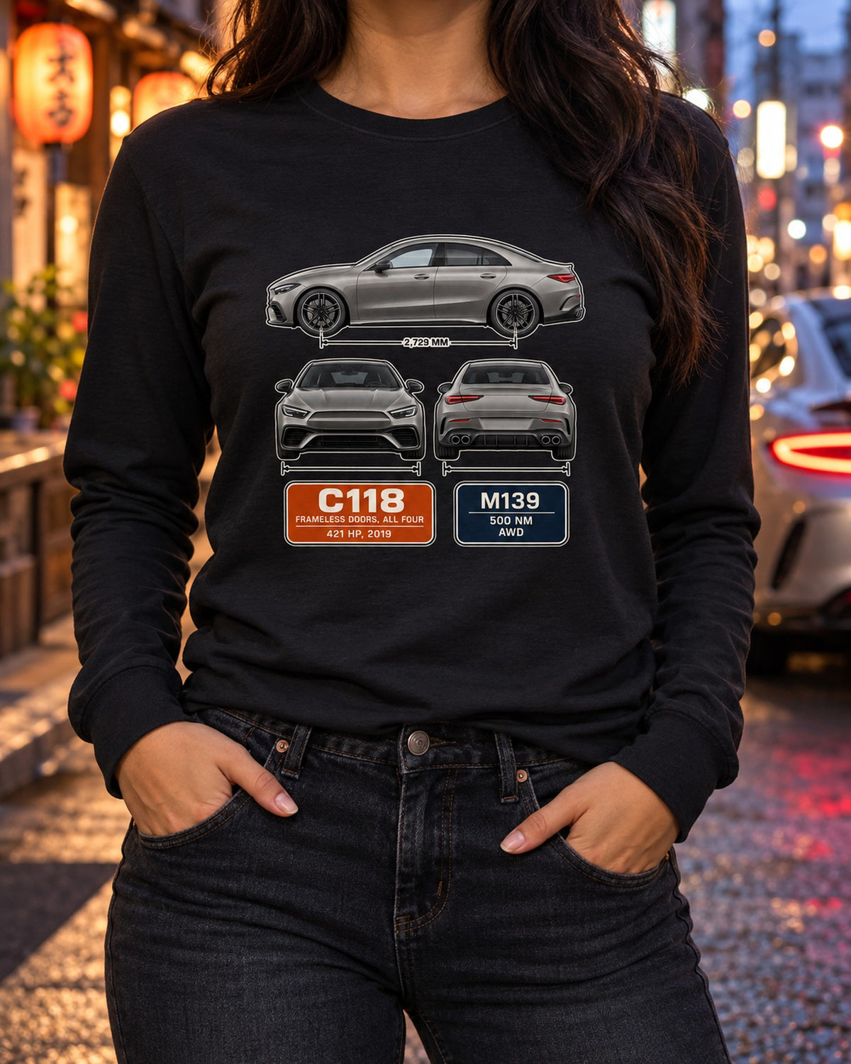 Mercedes-AMG CLA 45 S C118 Three-View Spec Poster Tee Long Sleeve Black worn hero