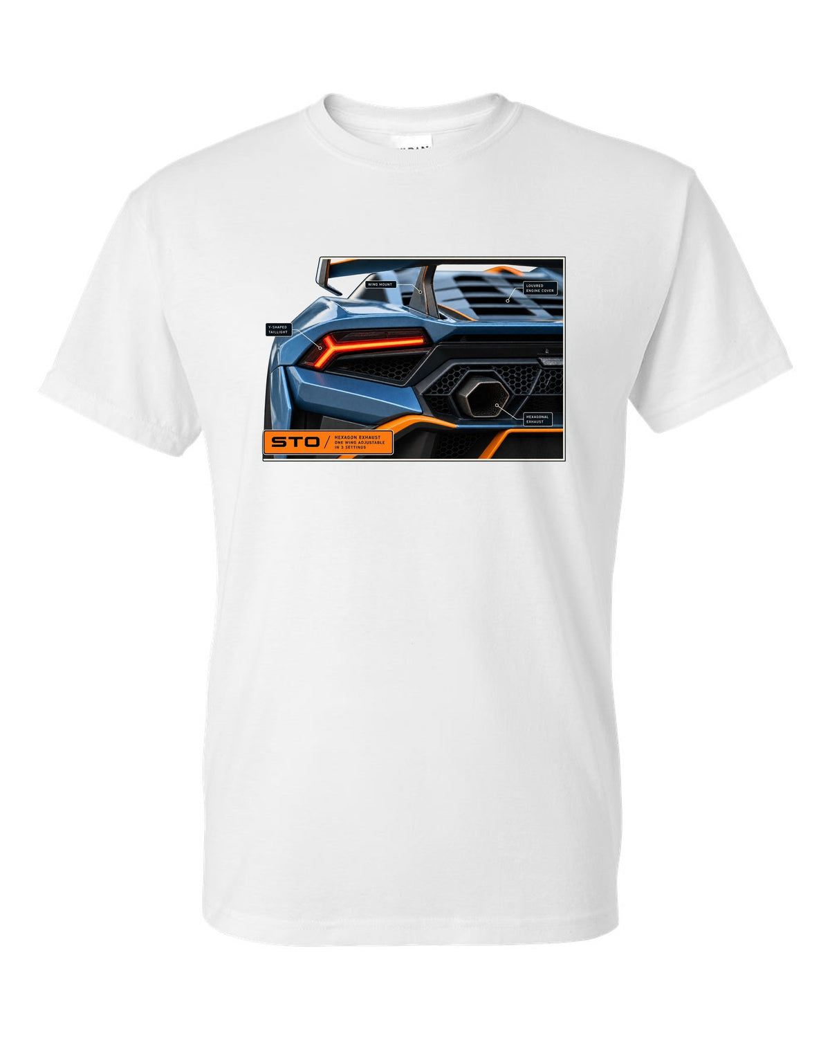 Taillight and hexagon exhaust macro print of the Lamborghini Huracan STO white t-shirt front view with the design