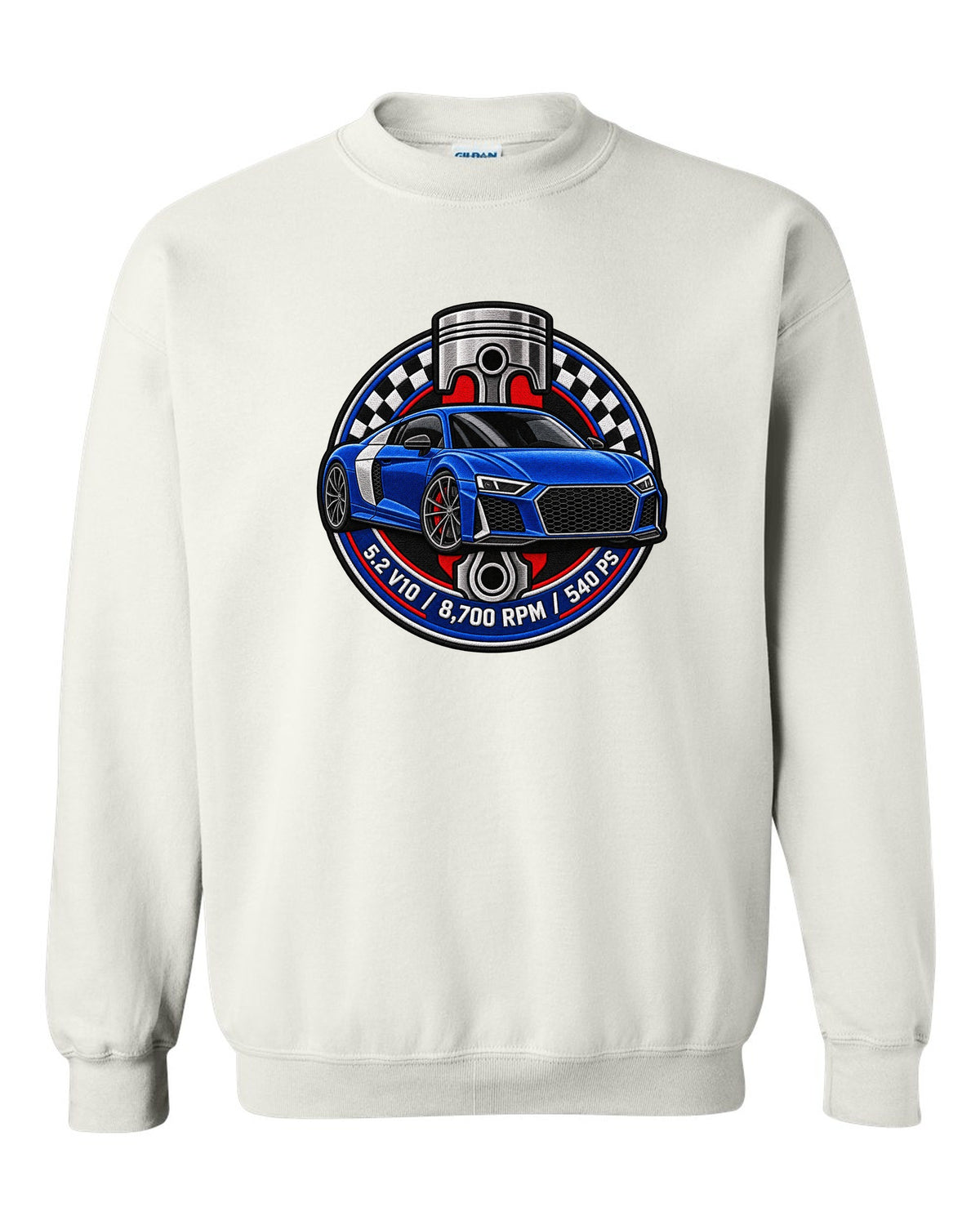 Varsity badge crest print of an Audi R8 4S with 5.2 V10 and 540 PS text white crewneck front view with the design