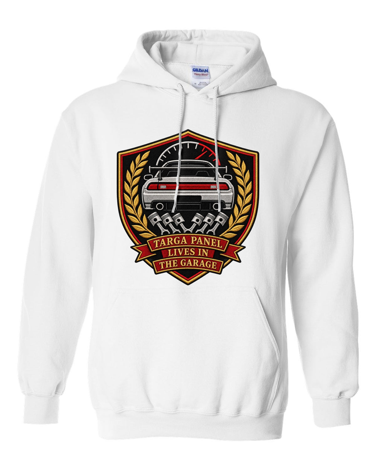 Embroidery-style shield crest print for the Toyota Supra A80 with targa panel lives in the garage lettering white pull over hoodie front view with the design