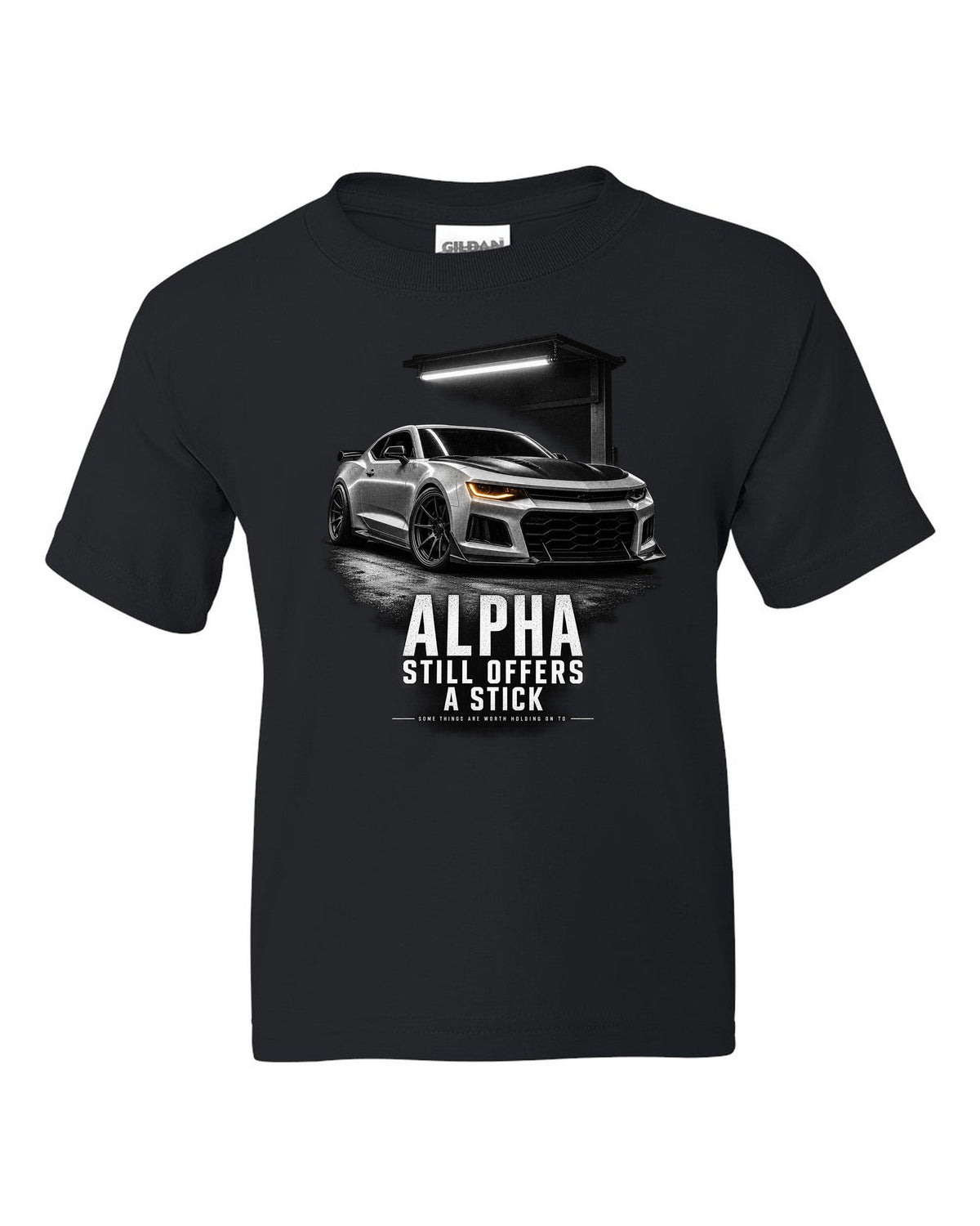 Garage-night print of a 2018 Chevrolet Camaro SS 1LE sixth-gen front three-quarter with Alpha text black kids tee front view with the design