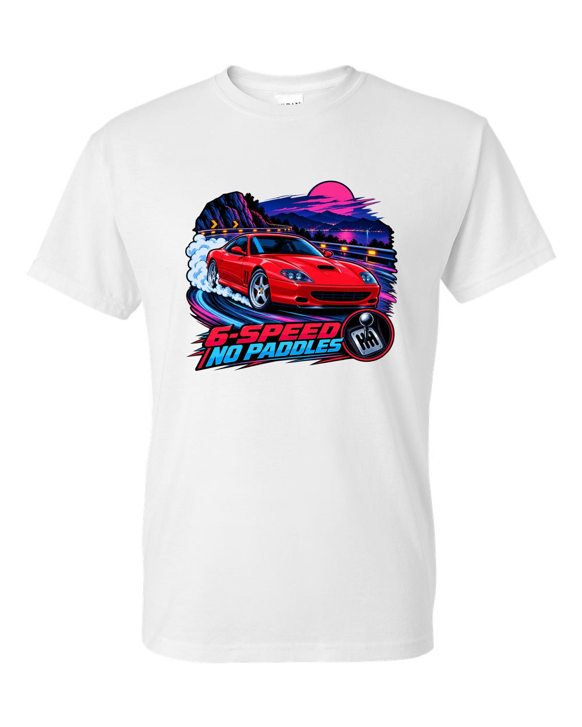 Cel-shaded anime night touge print of a Ferrari 550 Maranello with 6-Speed No Paddles lettering white t-shirt front view with the design