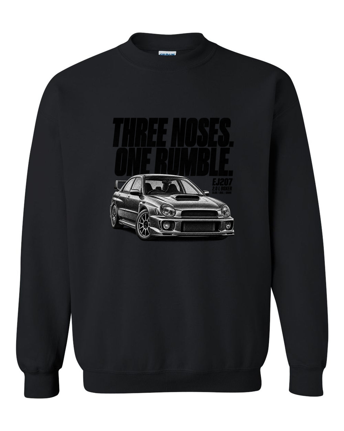 Halftone print of a Subaru Impreza WRX STi GDB with Blob Bug Hawk lettering black crewneck front view with the design