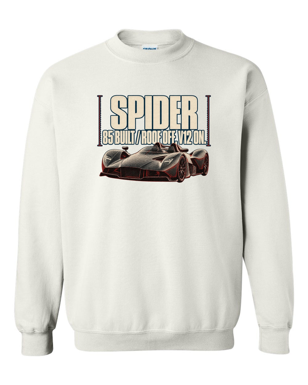 Aston Martin Valkyrie Spider 2022 halftone print with 85 built and roof off V12 on text white crewneck front view with the design
