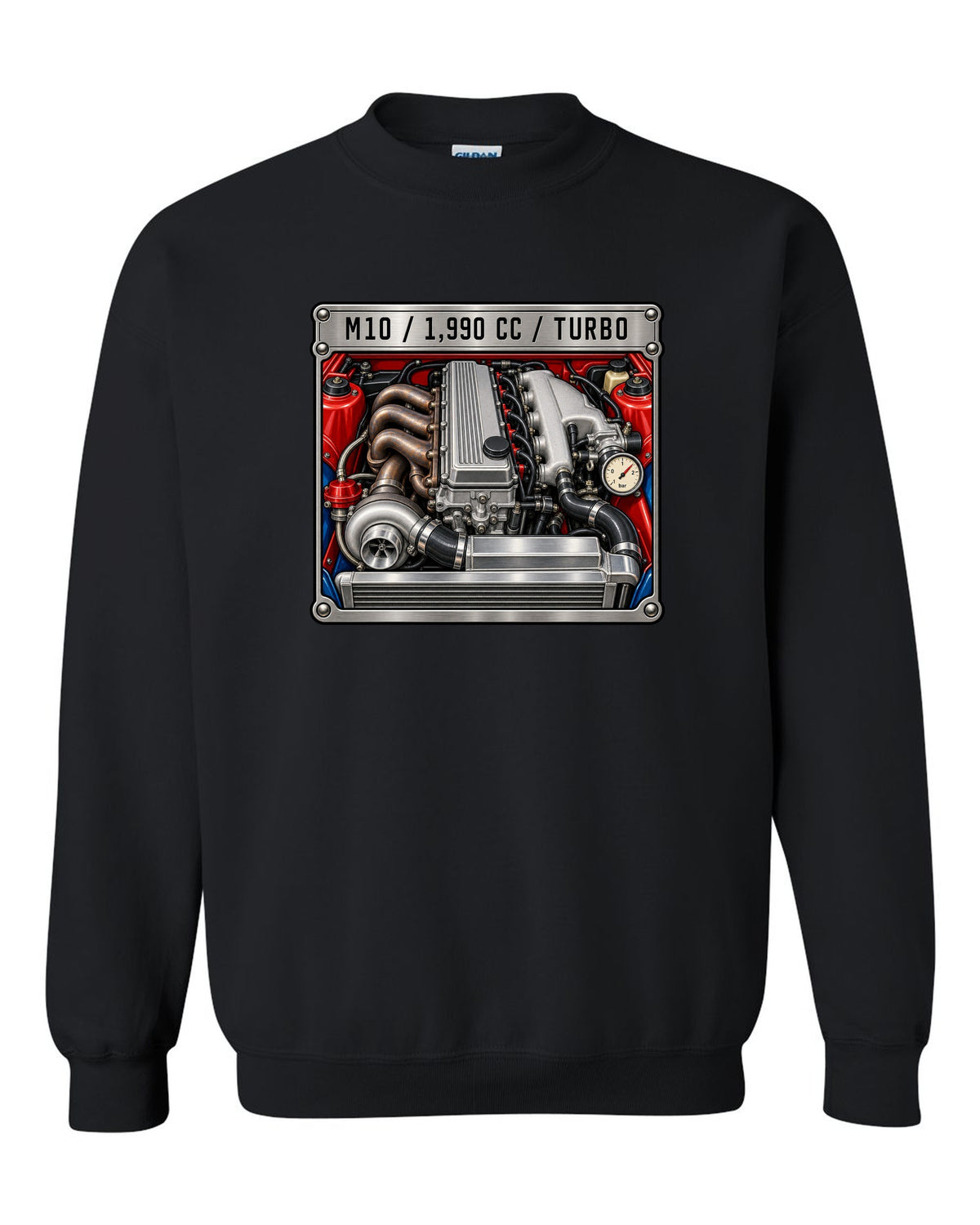 BMW 2002 turbo M10 engine spec data plate print with 1,990 cc text black crewneck front view with the design