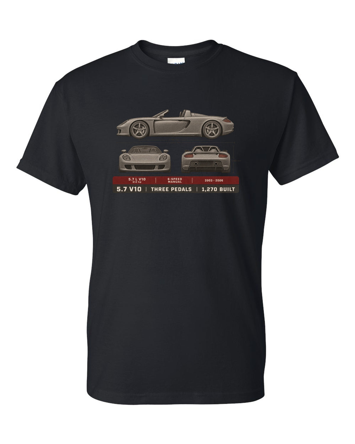 Porsche Carrera GT three-view and spec table print design black t-shirt front view with the design