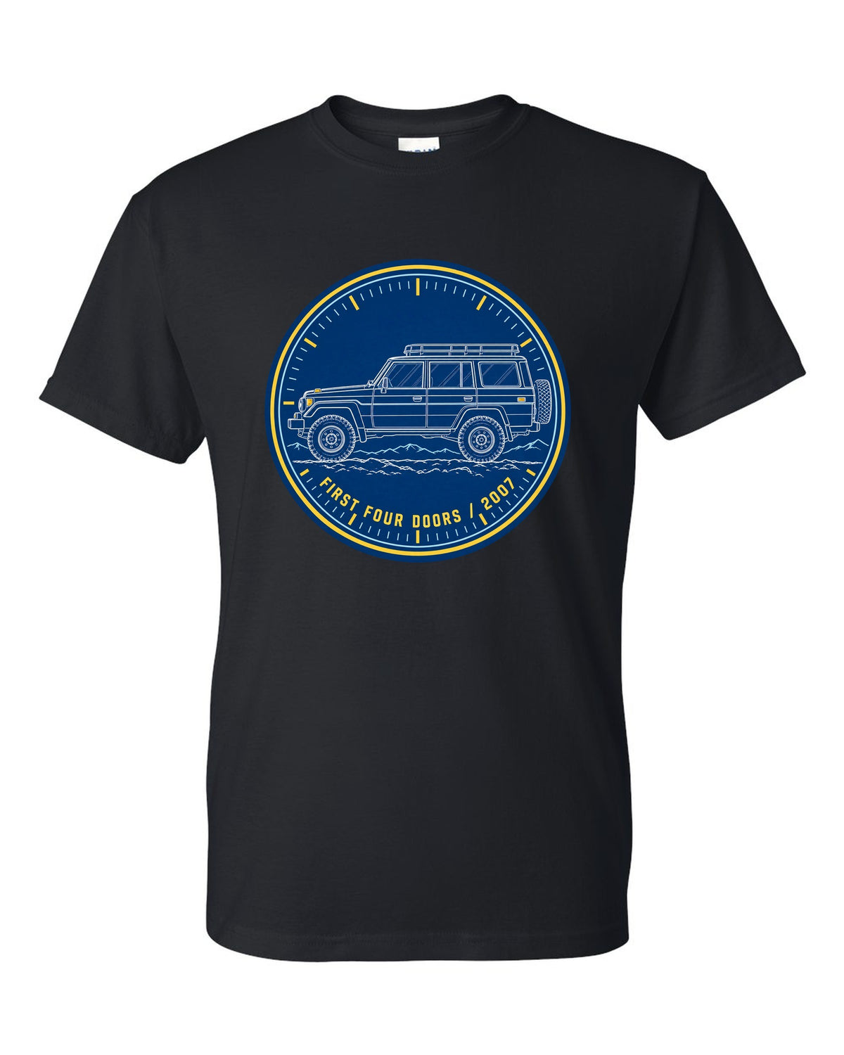 Jeep Wrangler JKU cyanotype blueprint design reading first four doors 2007 black t-shirt front view with the design