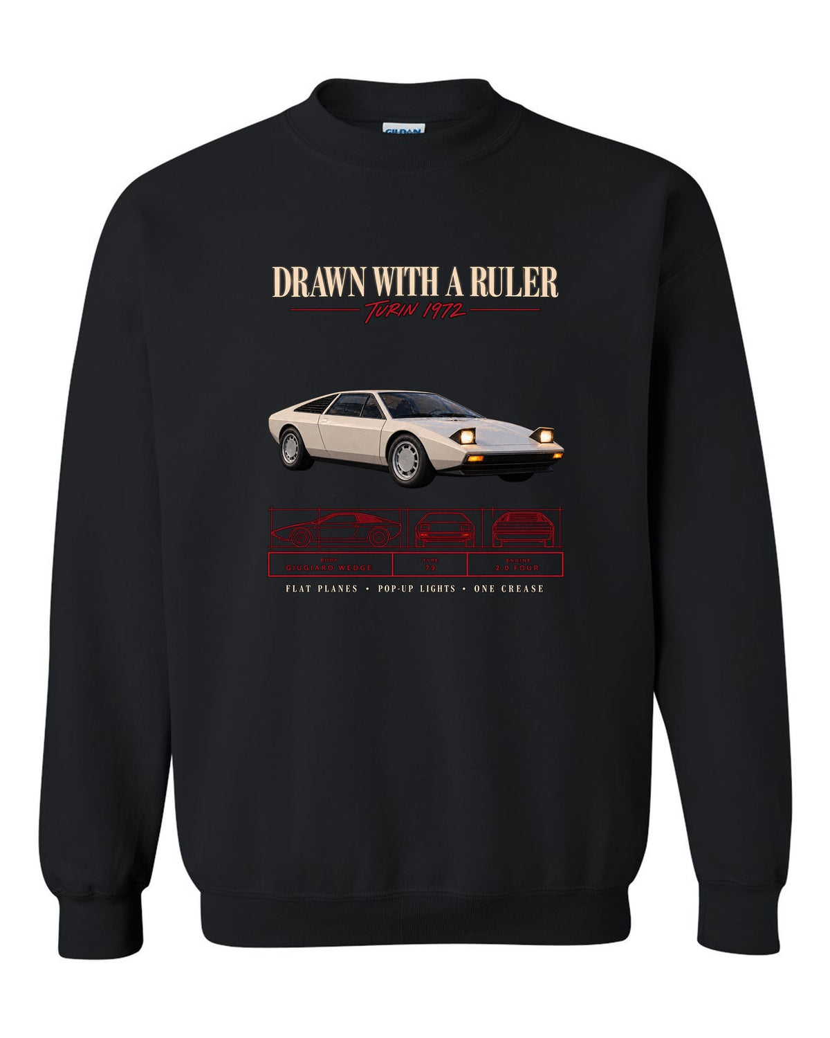 Archive panel print of a 1976 Lotus Esprit S1 Type 79 with Giugiaro wedge text black crewneck front view with the design