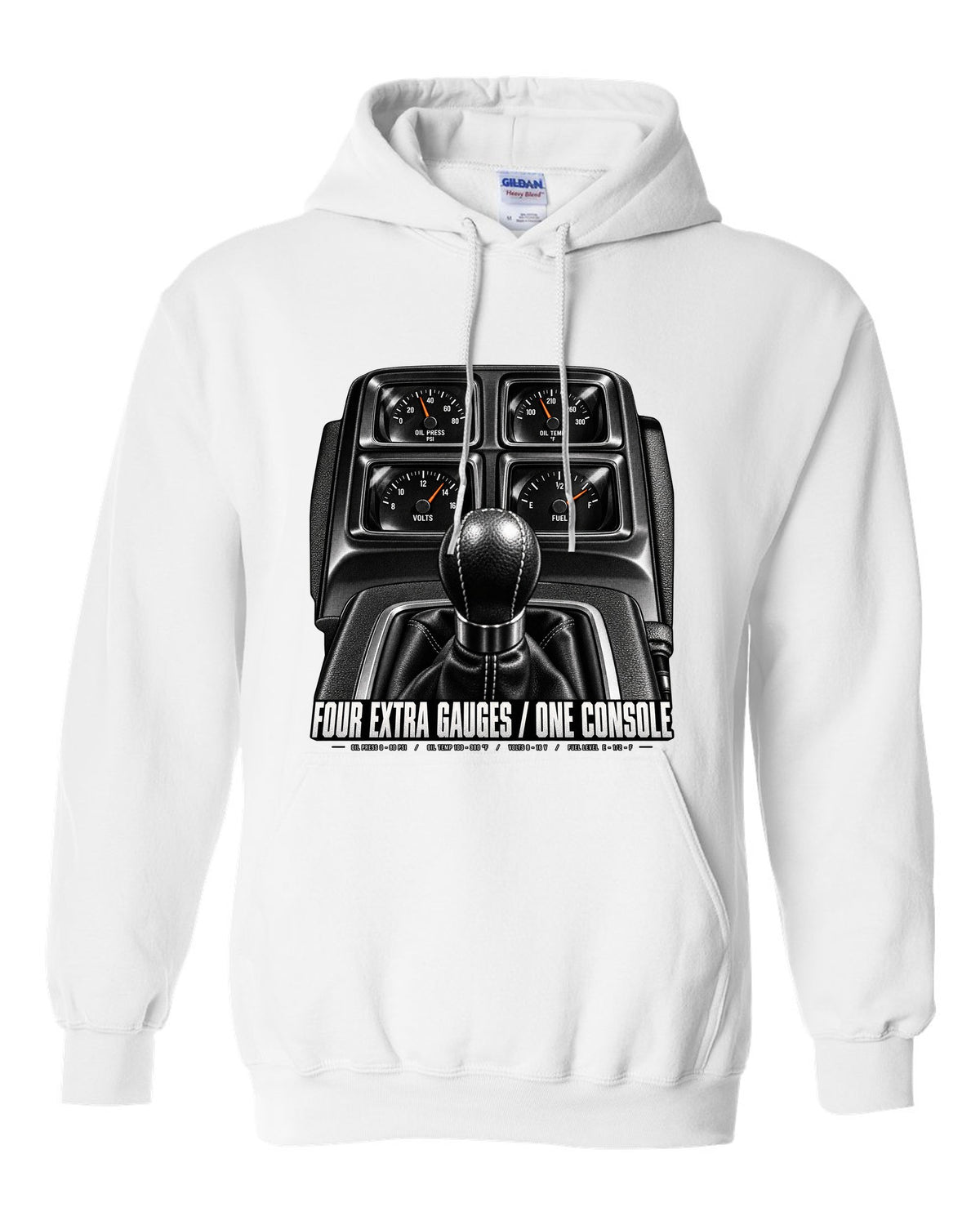 Cockpit print of a 2010 Chevrolet Camaro SS console gauge pod with four extra gauges text white pull over hoodie front view with the design